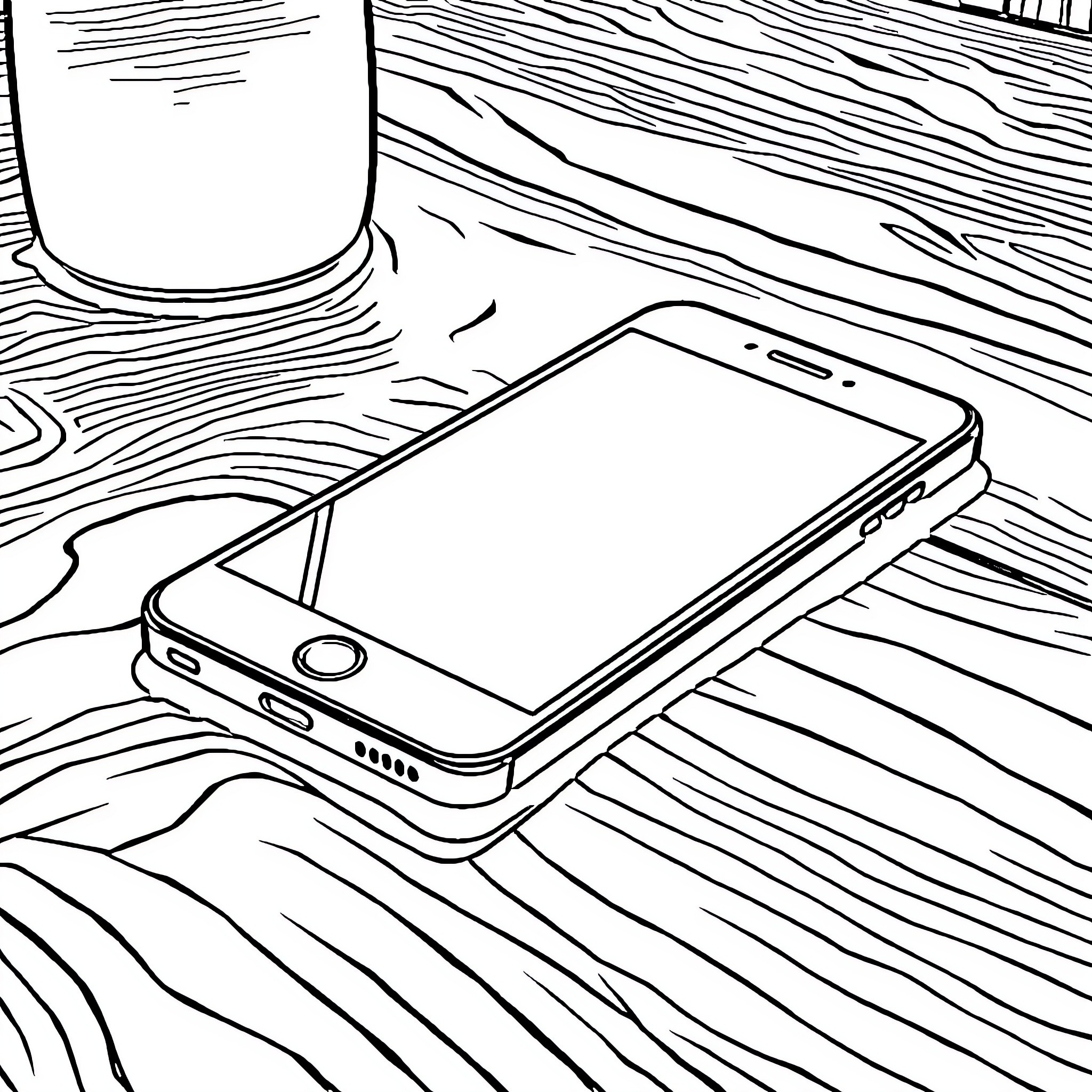 Smartphone on wooden table Coloring Page (free black-and-white line drawing printable PDF for all, from beginners to advanced learners, including children, teens, adults, and seniors)