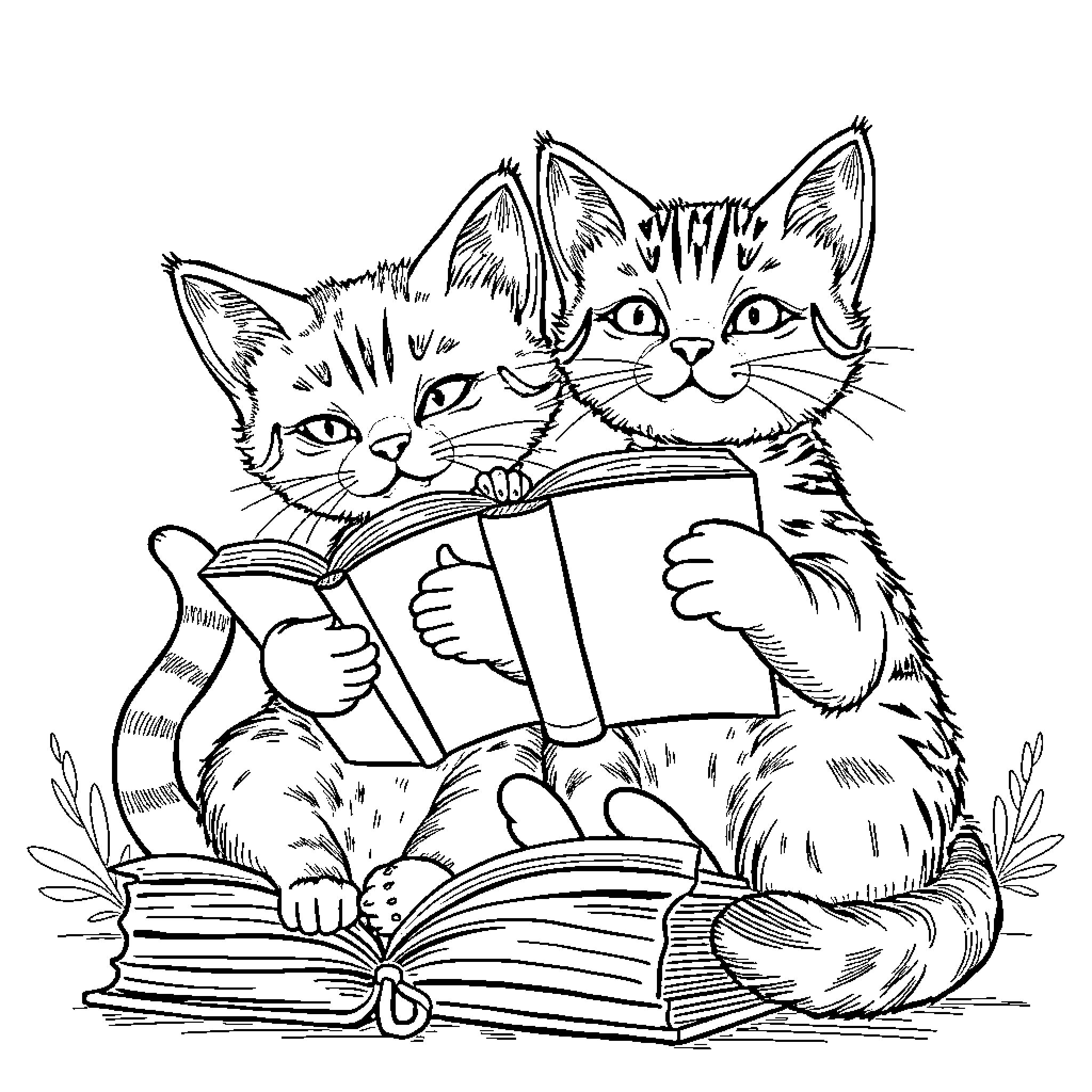 Kittens reading together on books Coloring Page (free black-and-white line drawing printable PDF for all, from beginners to advanced learners, including children, teens, adults, and seniors)