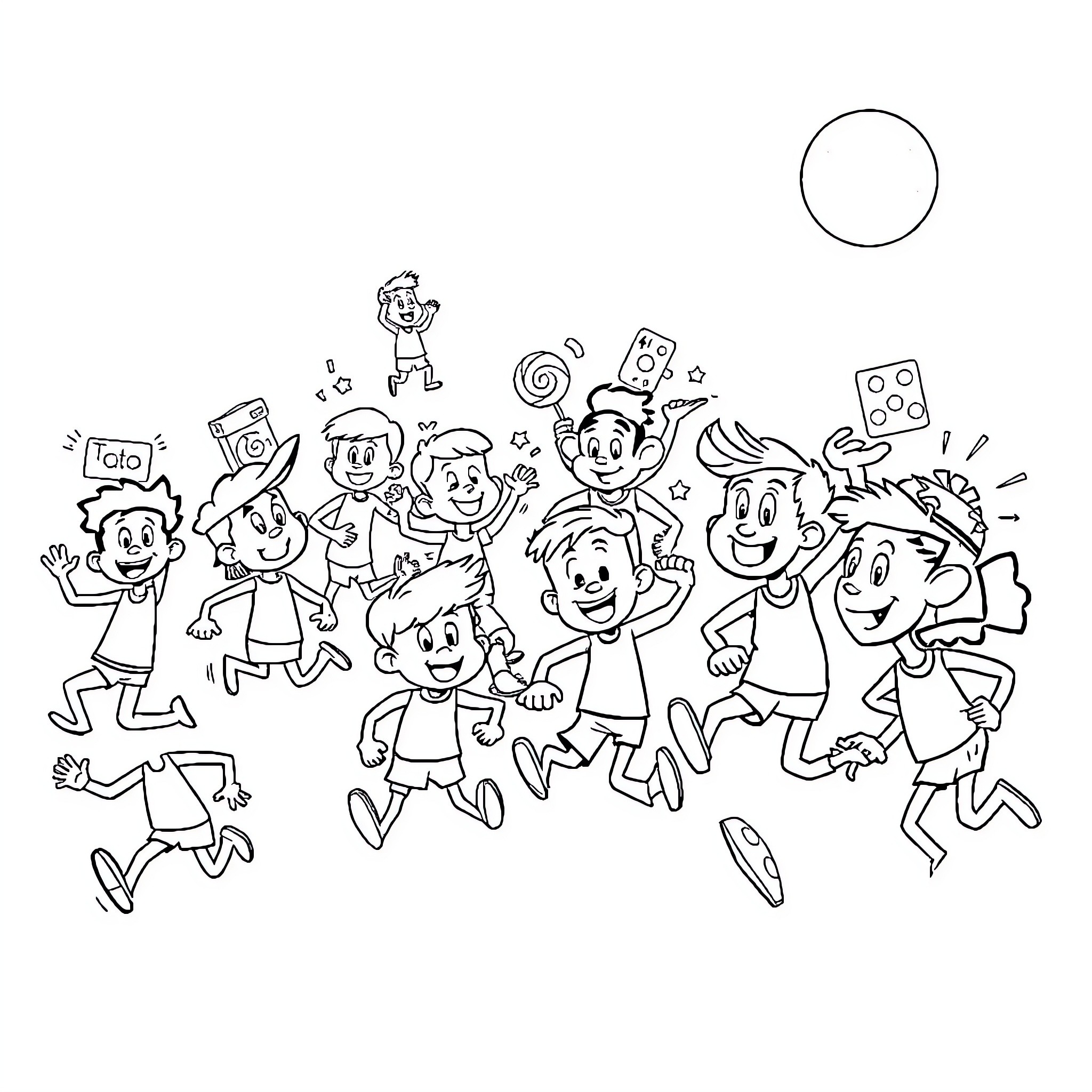 Cartoon Characters Celebrating and Having Fun Coloring Page (free black-and-white line drawing printable PDF for all, from beginners to advanced learners, including children, teens, adults, and seniors)