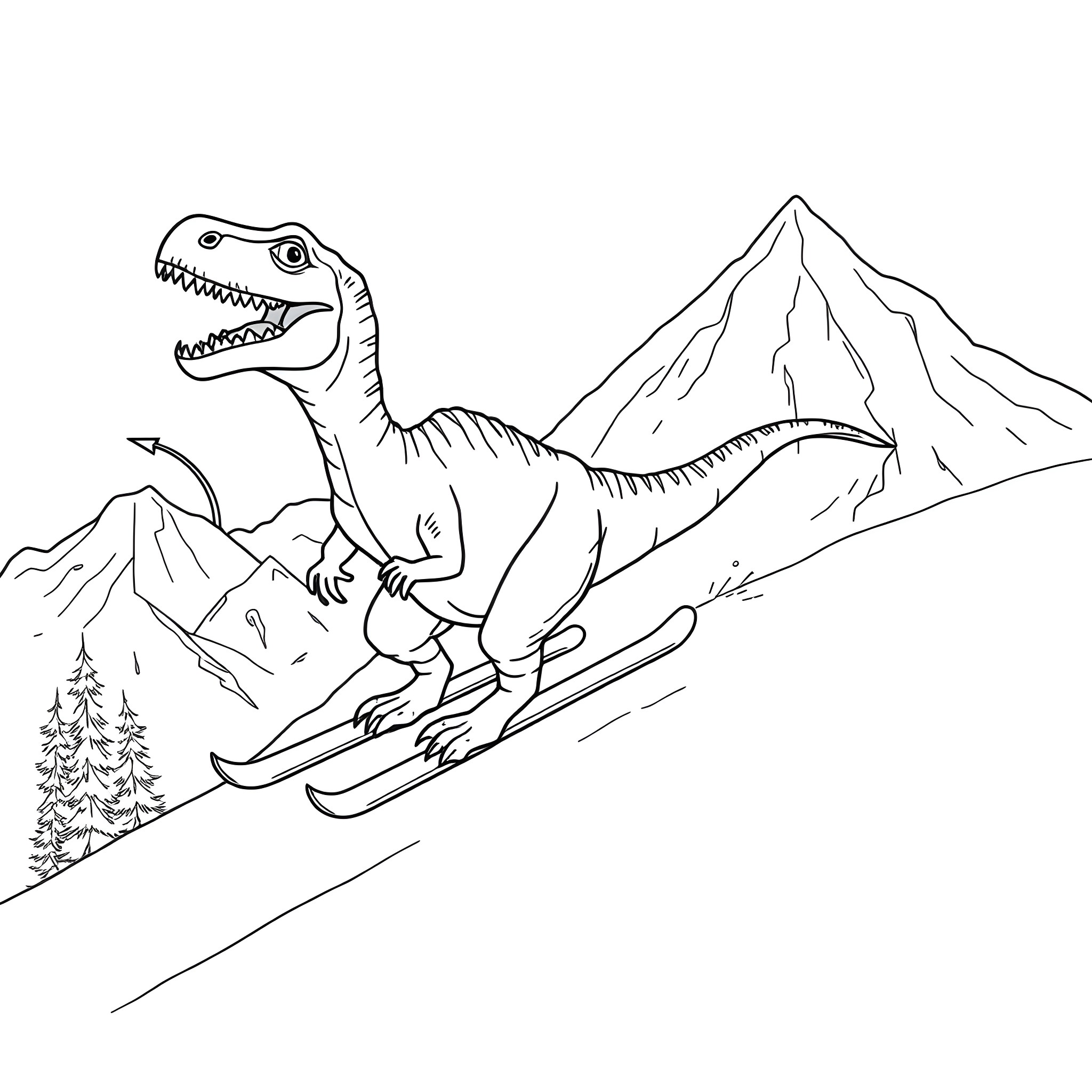 Dinosaur Skiing Down Snowy Mountain Coloring Page (free black-and-white line drawing printable PDF for all, from beginners to advanced learners, including children, teens, adults, and seniors)
