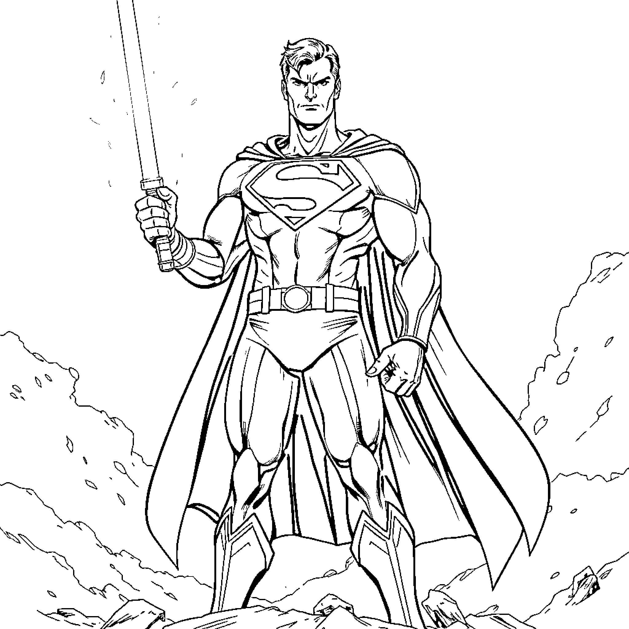 Superman heroically stands ready for action Coloring Page (free black-and-white line drawing printable PDF for all, from beginners to advanced learners, including children, teens, adults, and seniors)