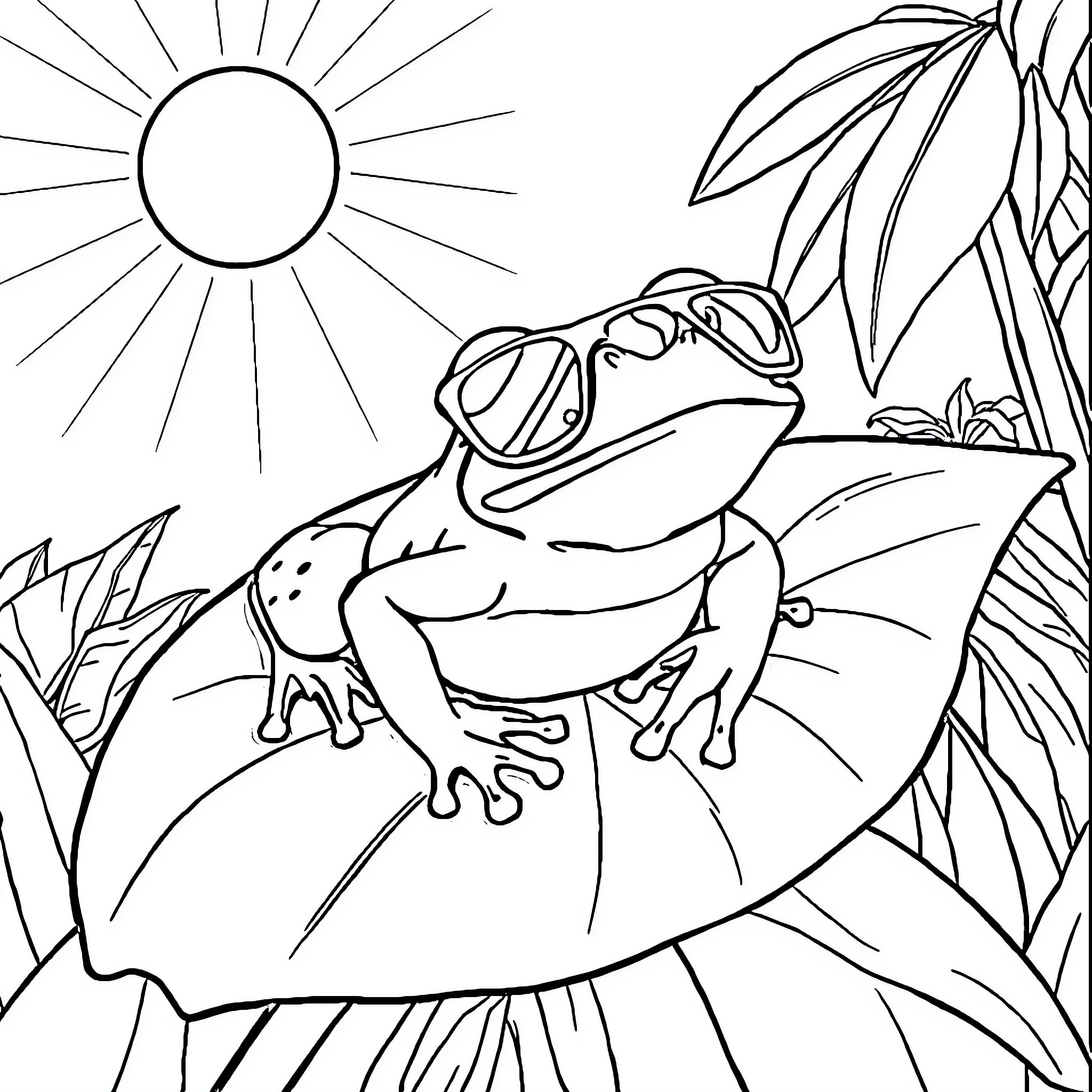 Frog resting on a leaf in the sun Coloring Page (free black-and-white line drawing printable PDF for all, from beginners to advanced learners, including children, teens, adults, and seniors)