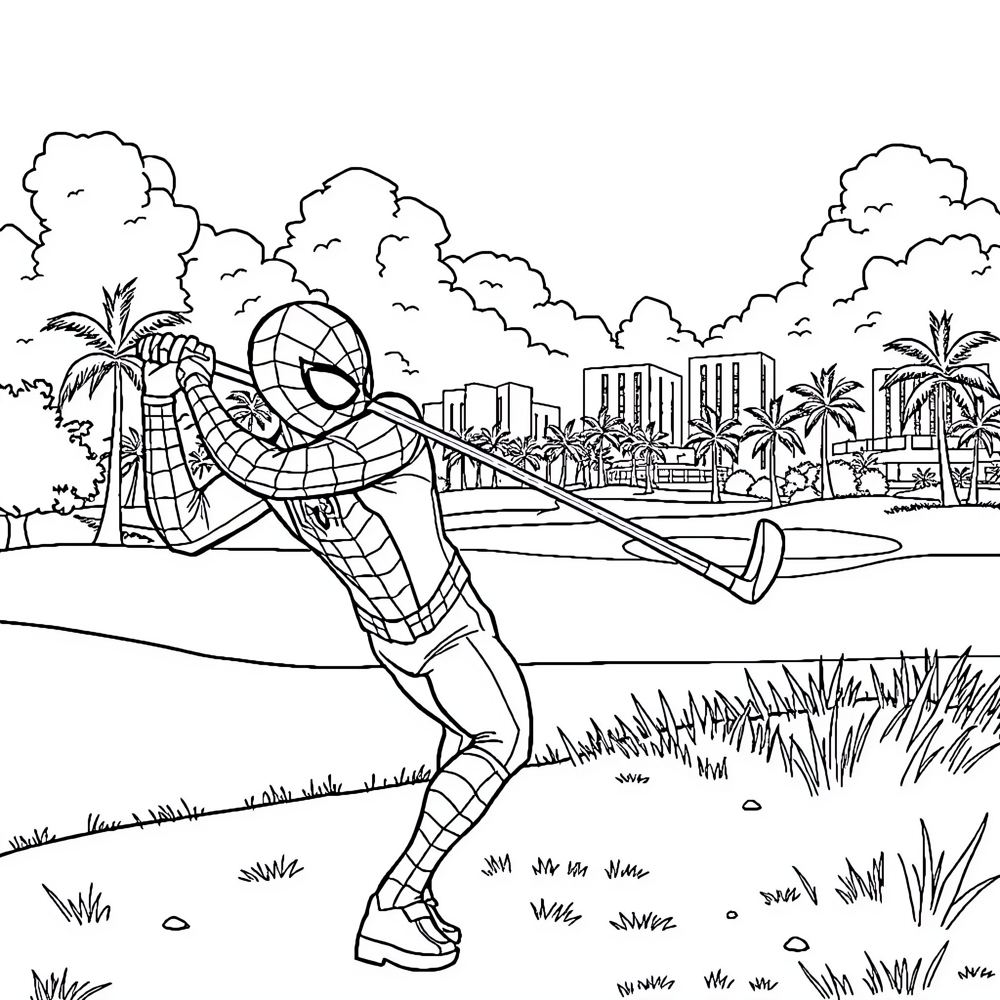 Spiderman swinging through the city on a summer day Coloring Page (free black-and-white line drawing printable PDF for all, from beginners to advanced learners, including children, teens, adults, and seniors)