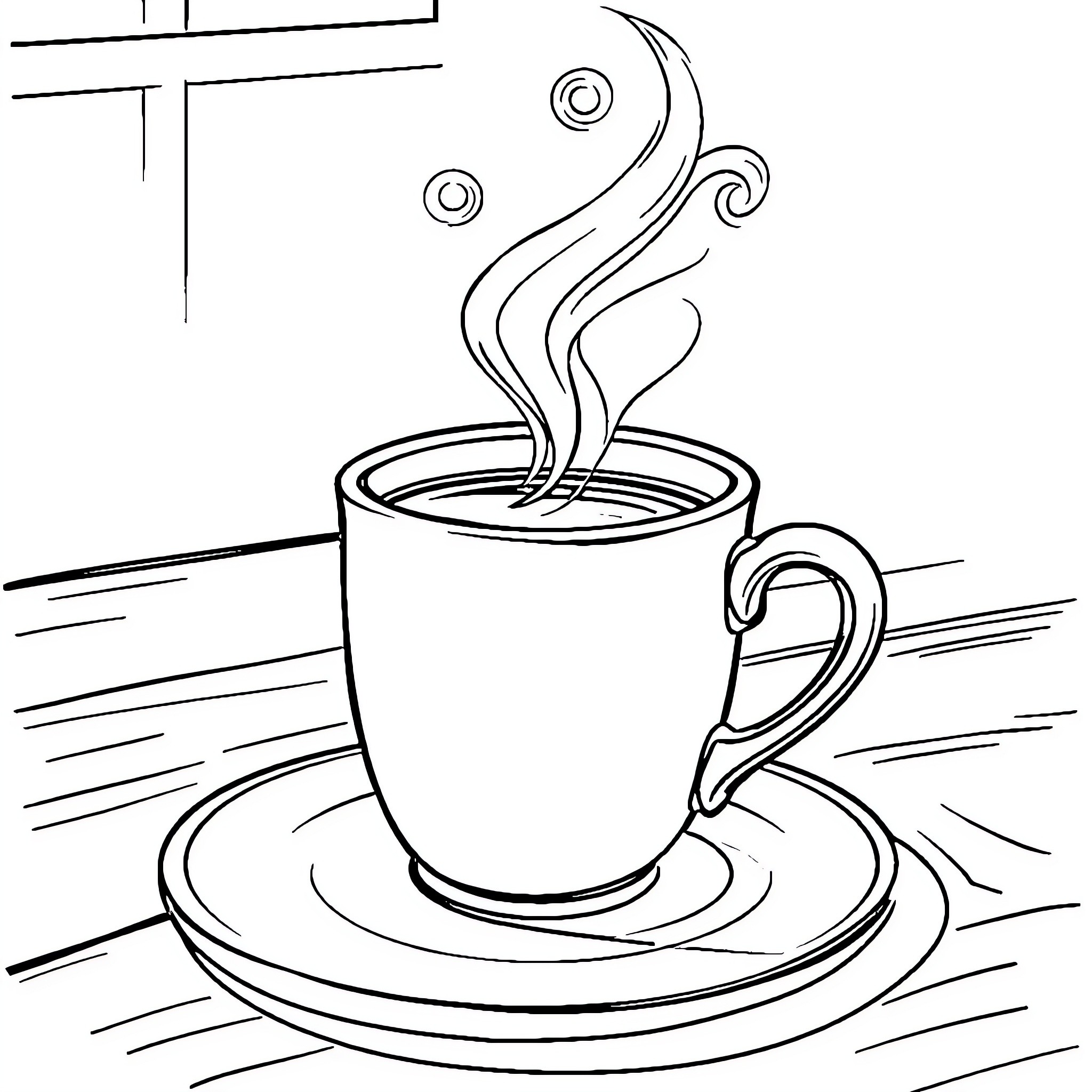 Coffee Cup with Steaming Aroma Coloring Page (free black-and-white line drawing printable PDF for all, from beginners to advanced learners, including children, teens, adults, and seniors)
