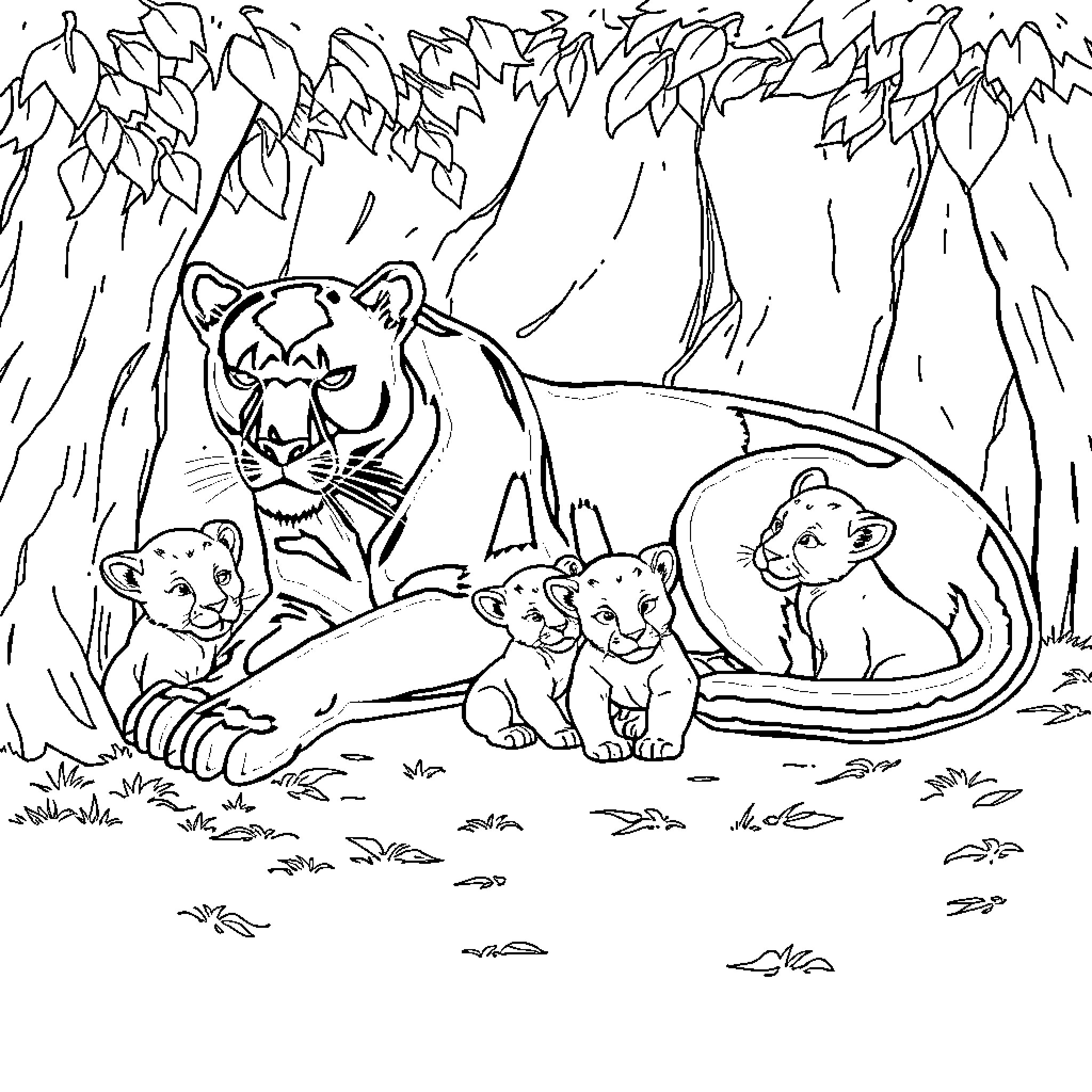 Panther and her cubs in the wilderness Coloring Page (free black-and-white line drawing printable PDF for all, from beginners to advanced learners, including children, teens, adults, and seniors)