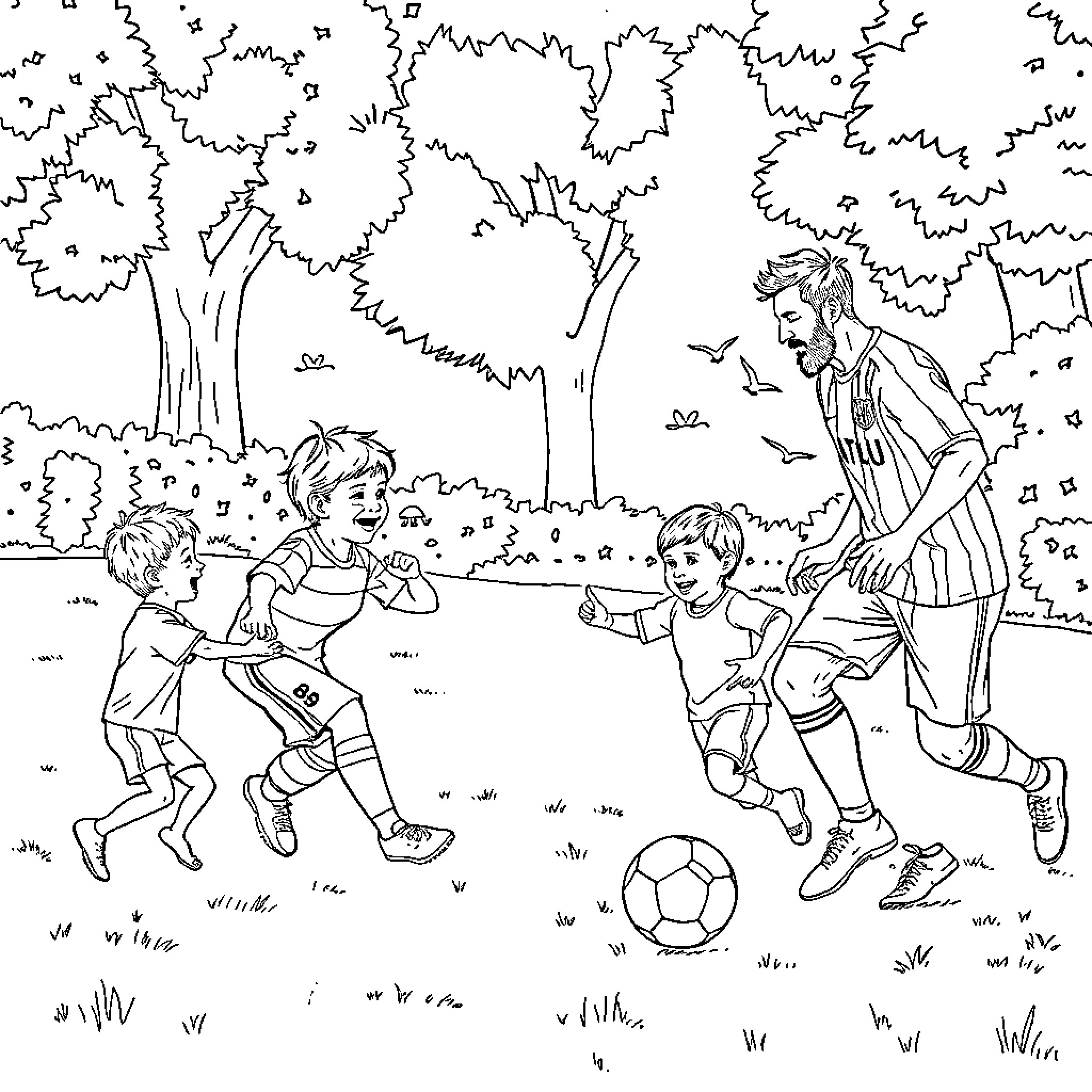 Messi Coaching Young Players in Park Coloring Page (free black-and-white line drawing printable PDF for all, from beginners to advanced learners, including children, teens, adults, and seniors)