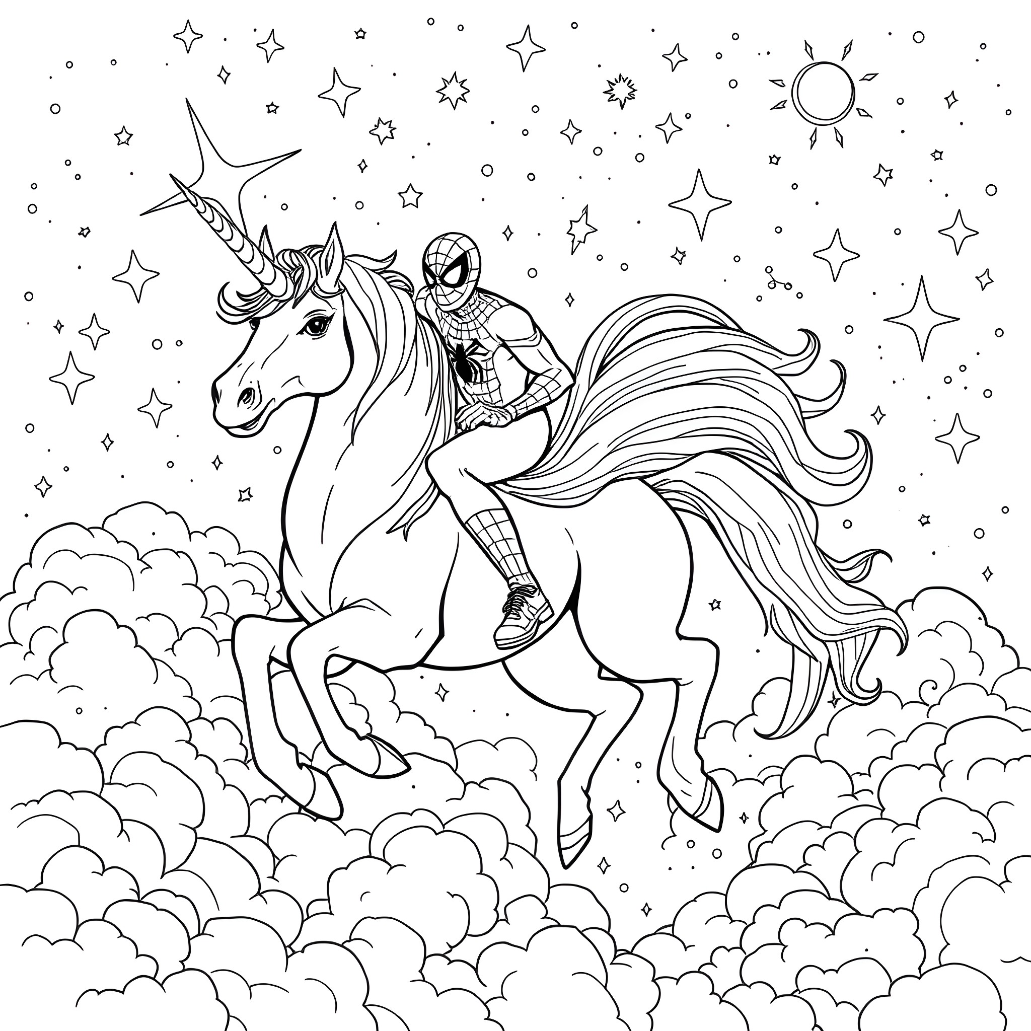 Spiderman riding a magical unicorn through the stars Coloring Page (free black-and-white line drawing printable PDF for all, from beginners to advanced learners, including children, teens, adults, and seniors)