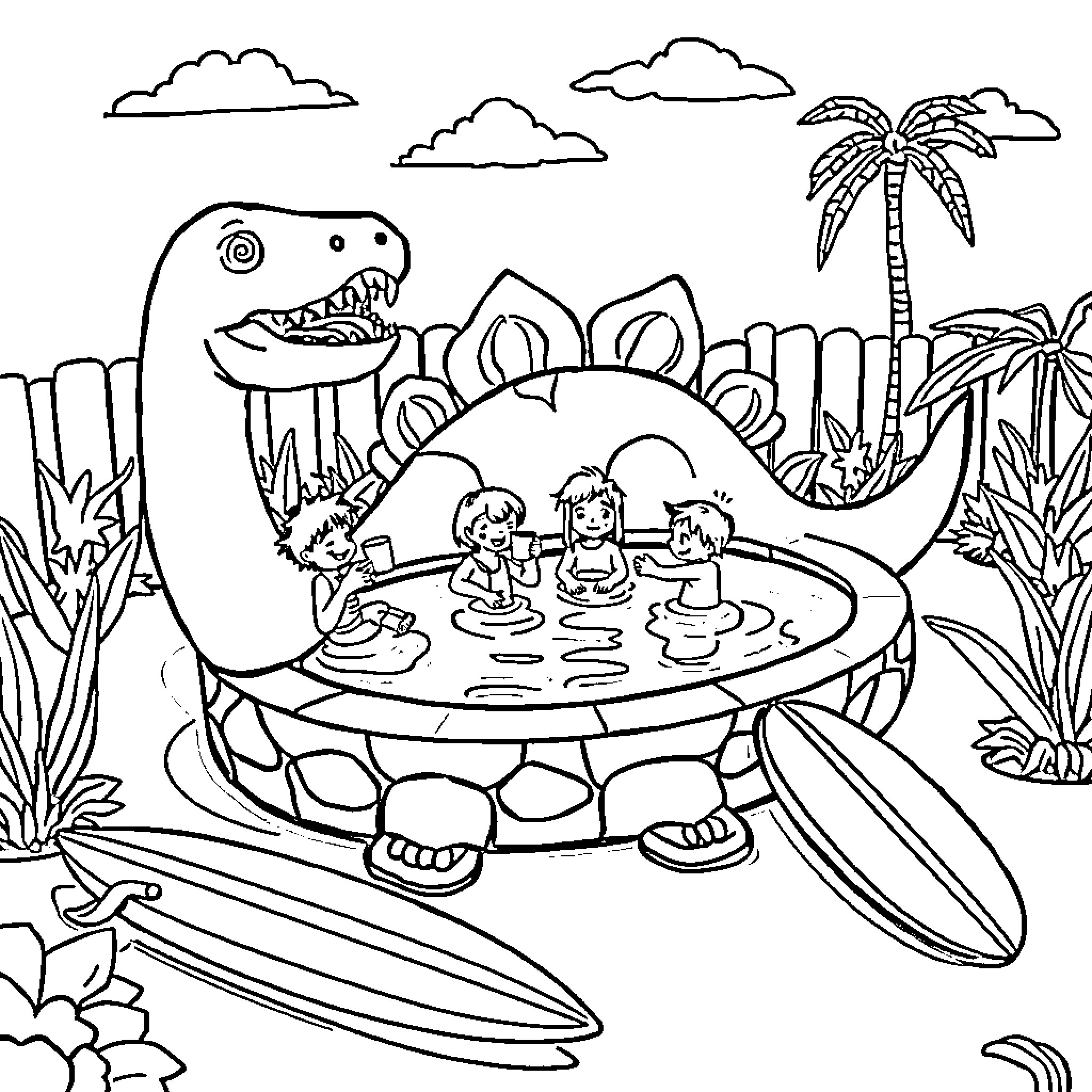 Dino friends playing in a tropical pool Coloring Page (free black-and-white line drawing printable PDF for all, from beginners to advanced learners, including children, teens, adults, and seniors)