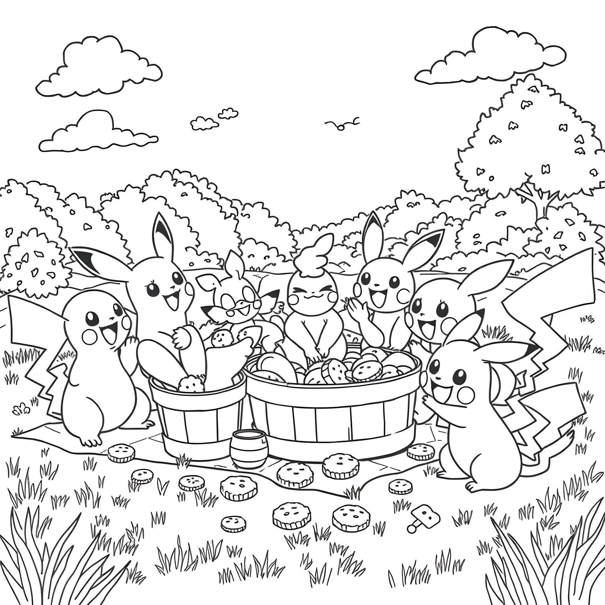 Pokémon enjoying a picnic in the forest Coloring Page (free black-and-white line drawing printable PDF for all, from beginners to advanced learners, including children, teens, adults, and seniors)