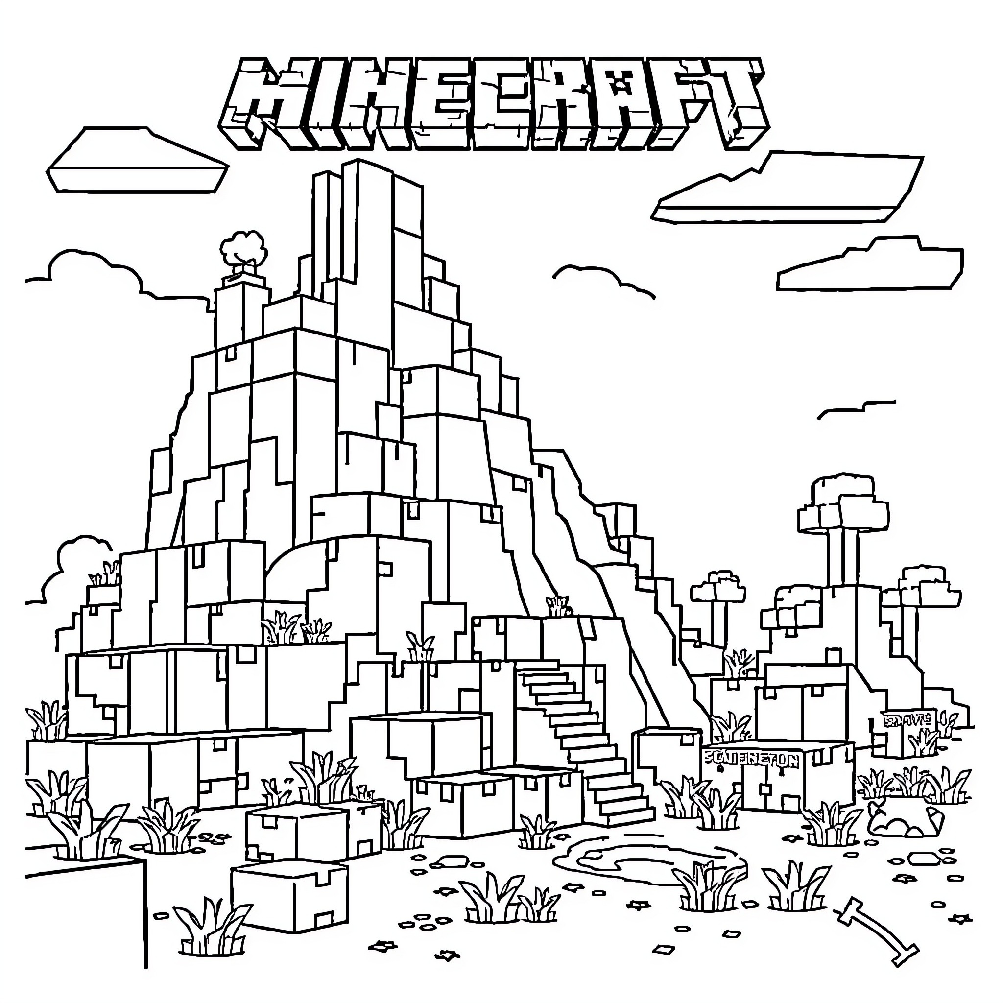 Minecraft adventurous exploration of blocky landscape Coloring Page (free black-and-white line drawing printable PDF for all, from beginners to advanced learners, including children, teens, adults, and seniors)
