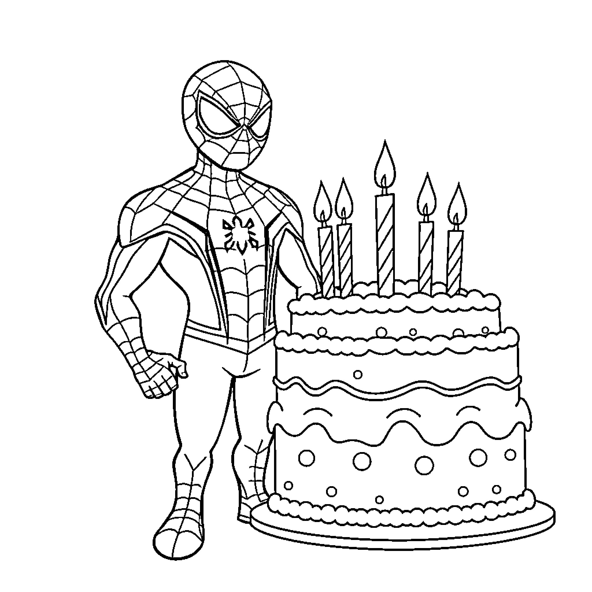 Spiderman celebrating birthday with cake Coloring Page (free black-and-white line drawing printable PDF for all, from beginners to advanced learners, including children, teens, adults, and seniors)