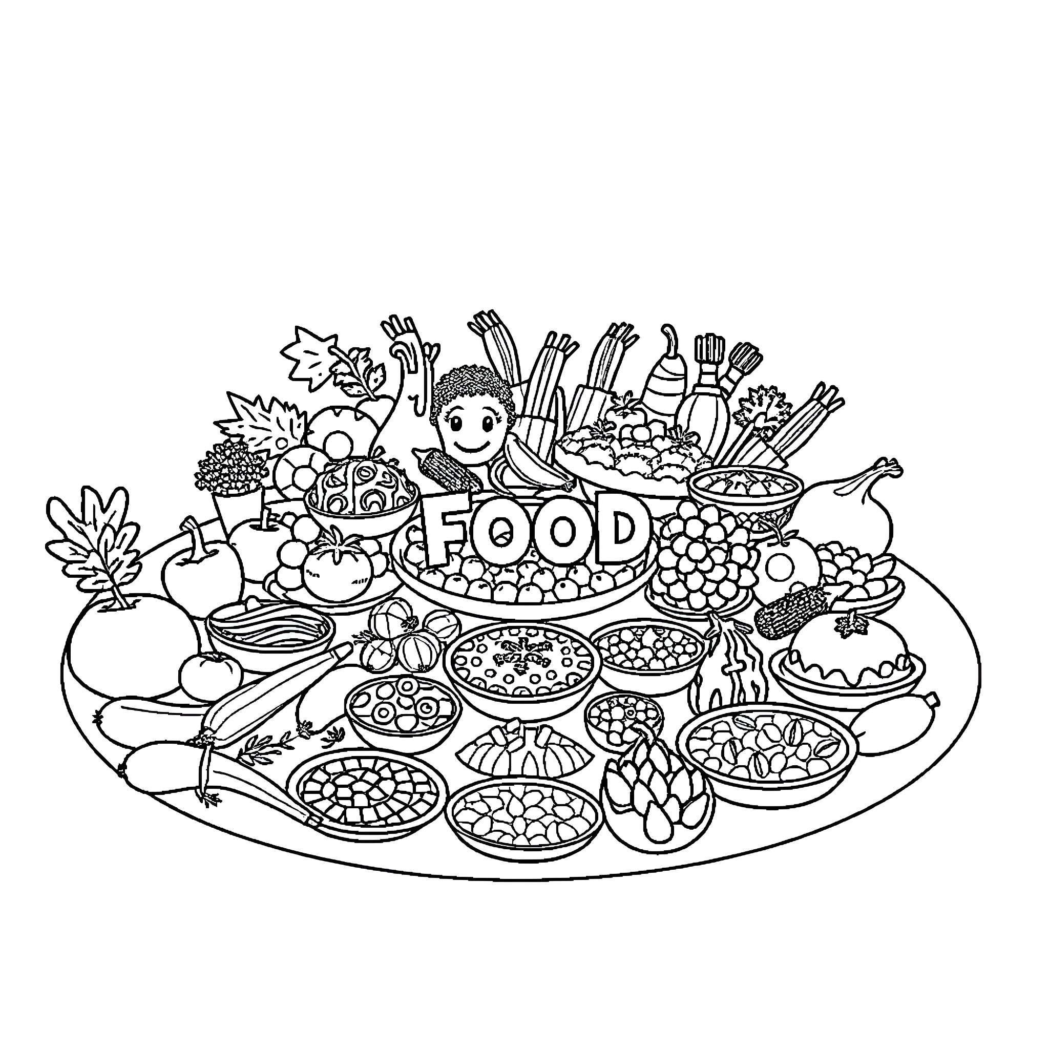 Food Fun: Diverse Culinary Delights on Display Coloring Page (free black-and-white line drawing printable PDF for all, from beginners to advanced learners, including children, teens, adults, and seniors)