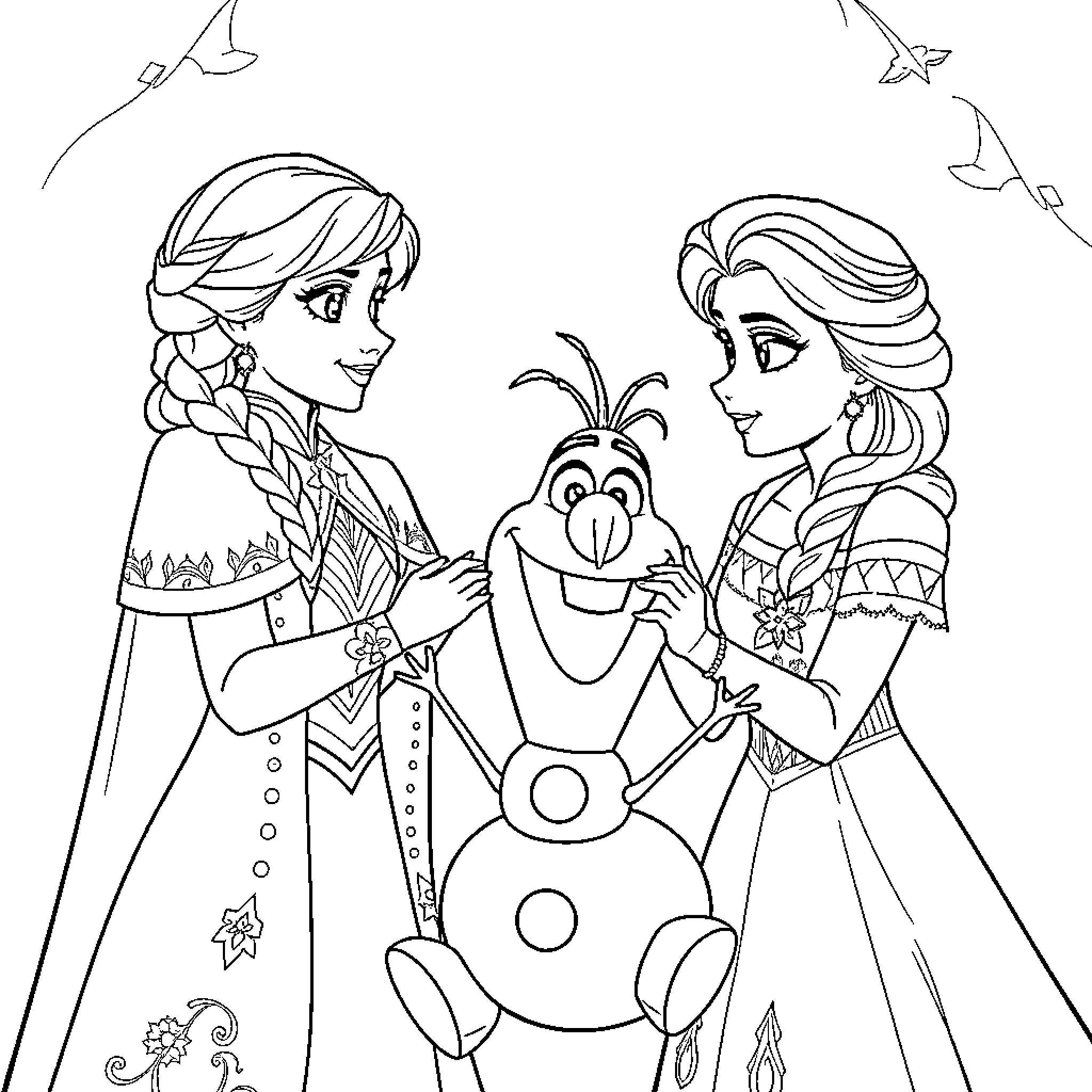 Anna and Elsa in Whimsical Winter Wonderland Coloring Page (free black-and-white line drawing printable PDF for all, from beginners to advanced learners, including children, teens, adults, and seniors)