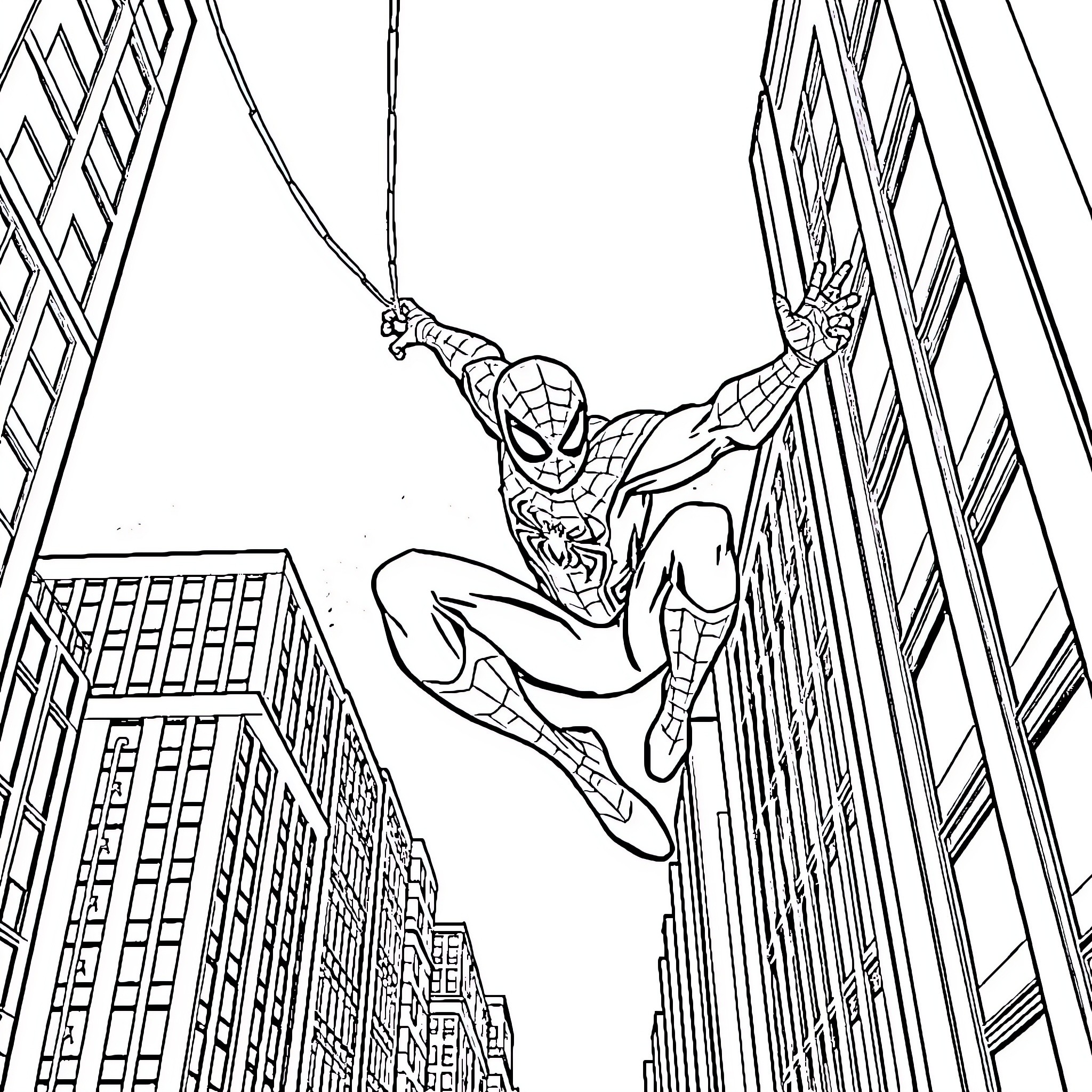 Spider-Man swinging through the city Coloring Page (free black-and-white line drawing printable PDF for all, from beginners to advanced learners, including children, teens, adults, and seniors)