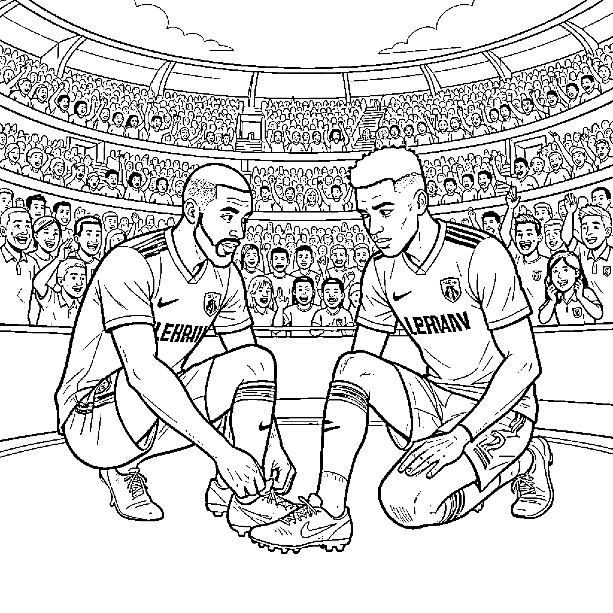 Mbappe and teammate tying soccer cleats in stadium Coloring Page (free black-and-white line drawing printable PDF for all, from beginners to advanced learners, including children, teens, adults, and seniors)