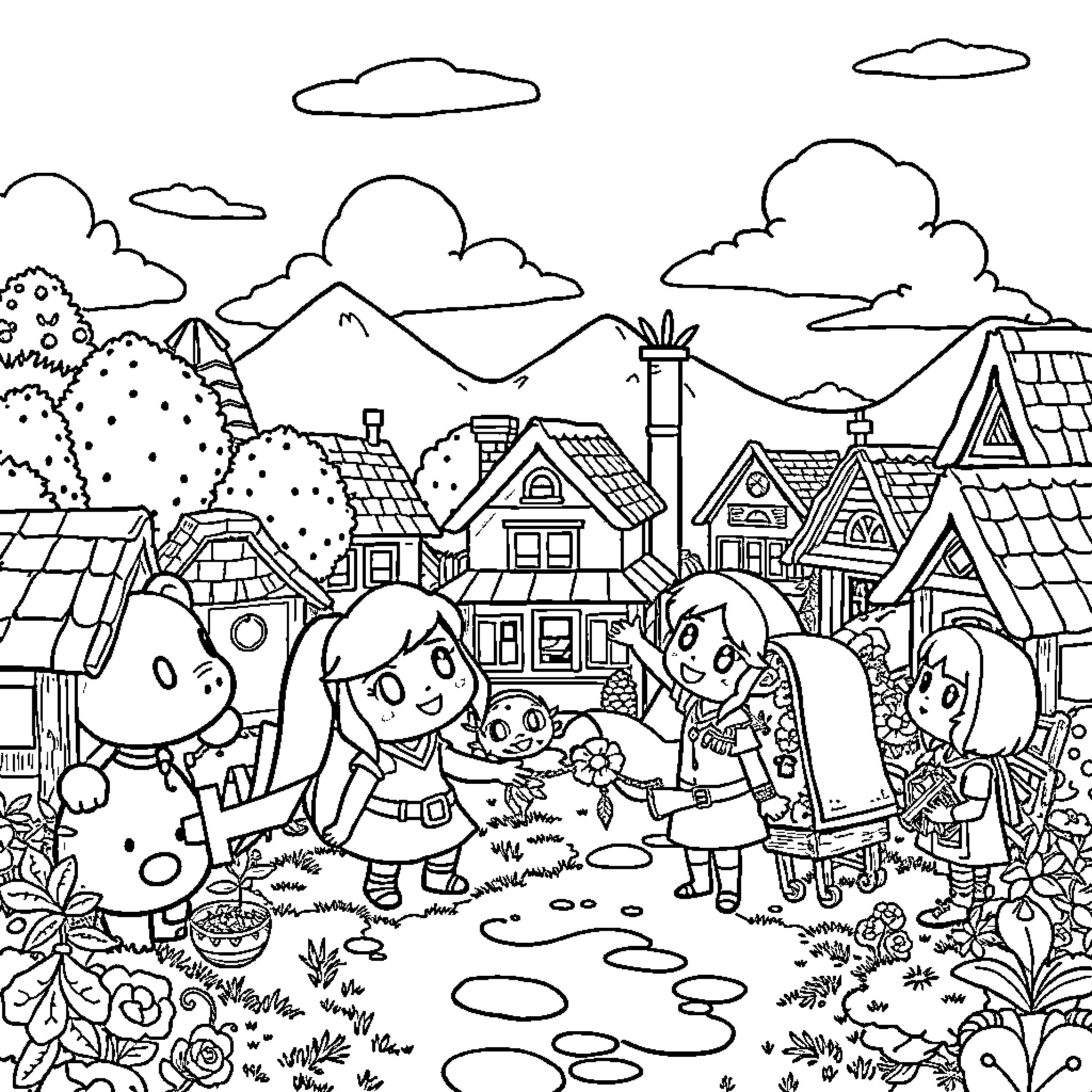 Zelda characters exploring the charming village Coloring Page (free black-and-white line drawing printable PDF for all, from beginners to advanced learners, including children, teens, adults, and seniors)