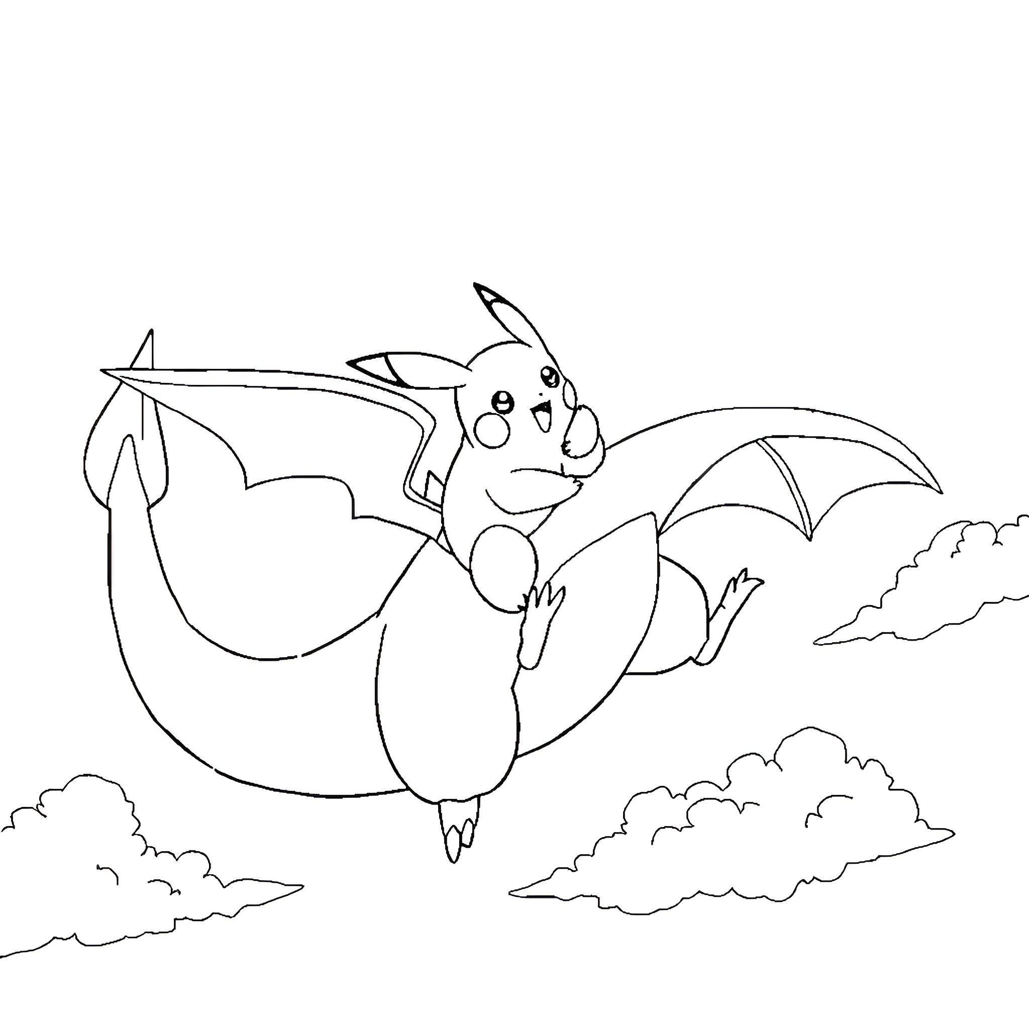 Pikachu soaring through the clouds Coloring Page (free black-and-white line drawing printable PDF for all, from beginners to advanced learners, including children, teens, adults, and seniors)