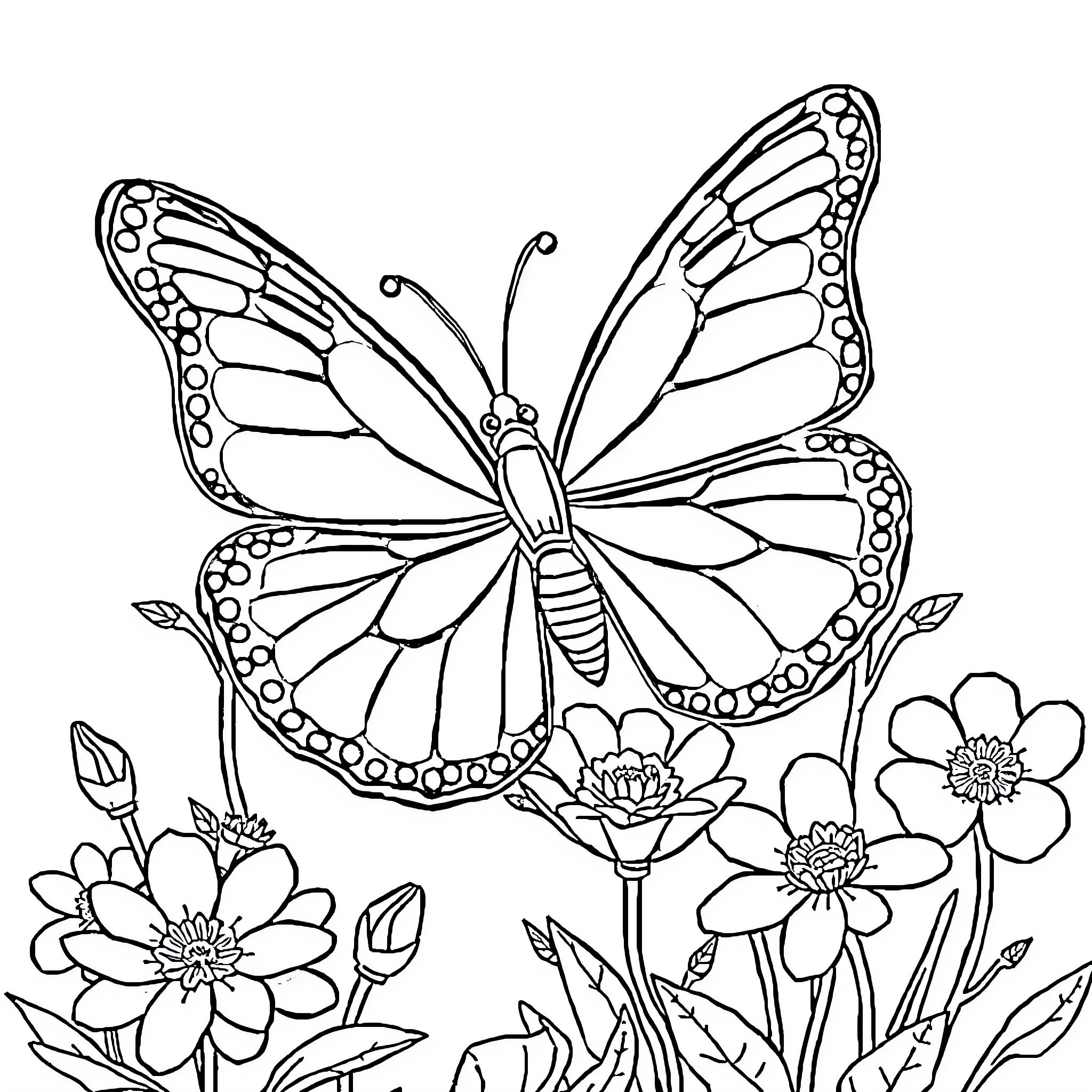 Butterfly enjoying the vibrant floral scene Coloring Page (free black-and-white line drawing printable PDF for all, from beginners to advanced learners, including children, teens, adults, and seniors)