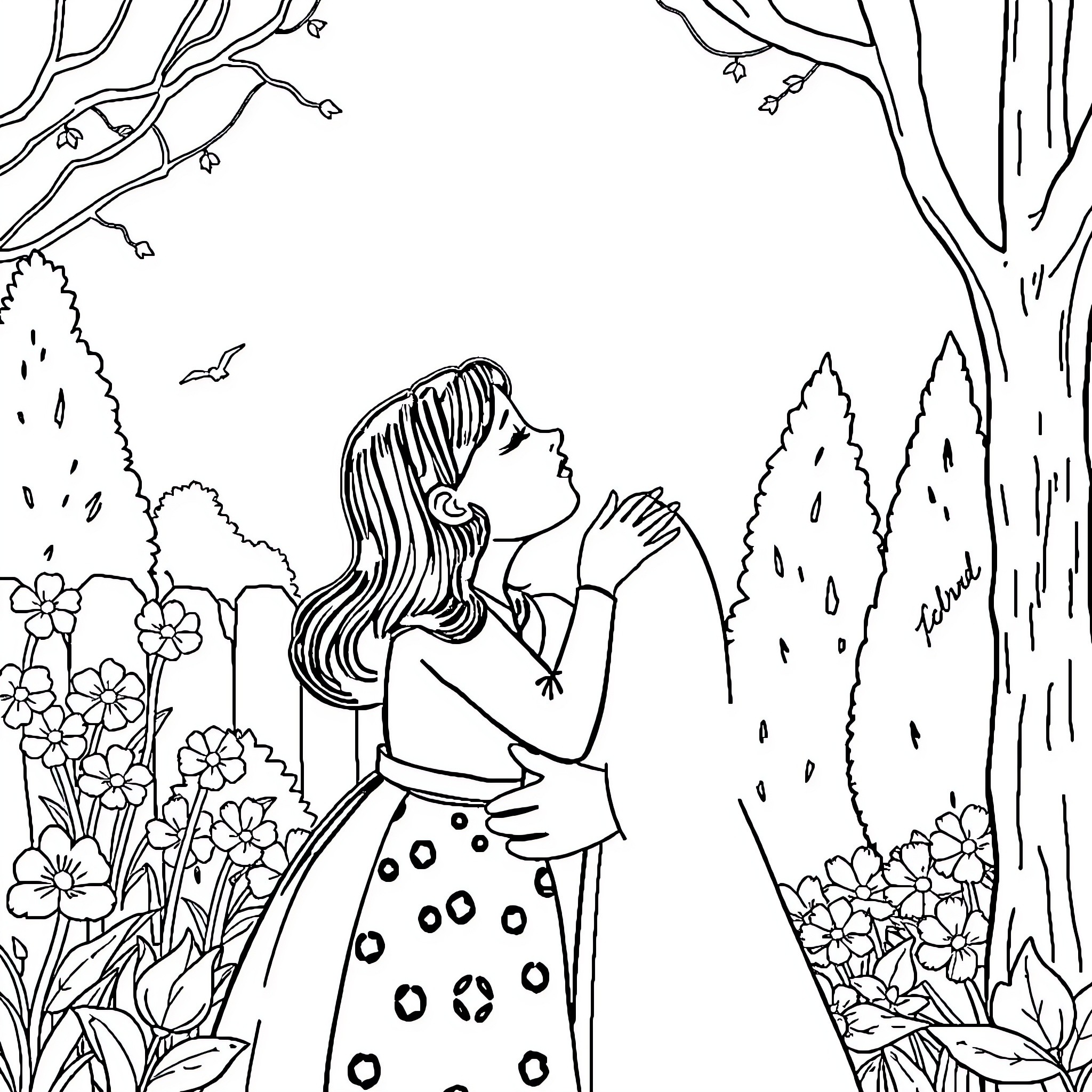 Wednesday Addams enjoys the peaceful forest surroundings Coloring Page (free black-and-white line drawing printable PDF for all, from beginners to advanced learners, including children, teens, adults, and seniors)