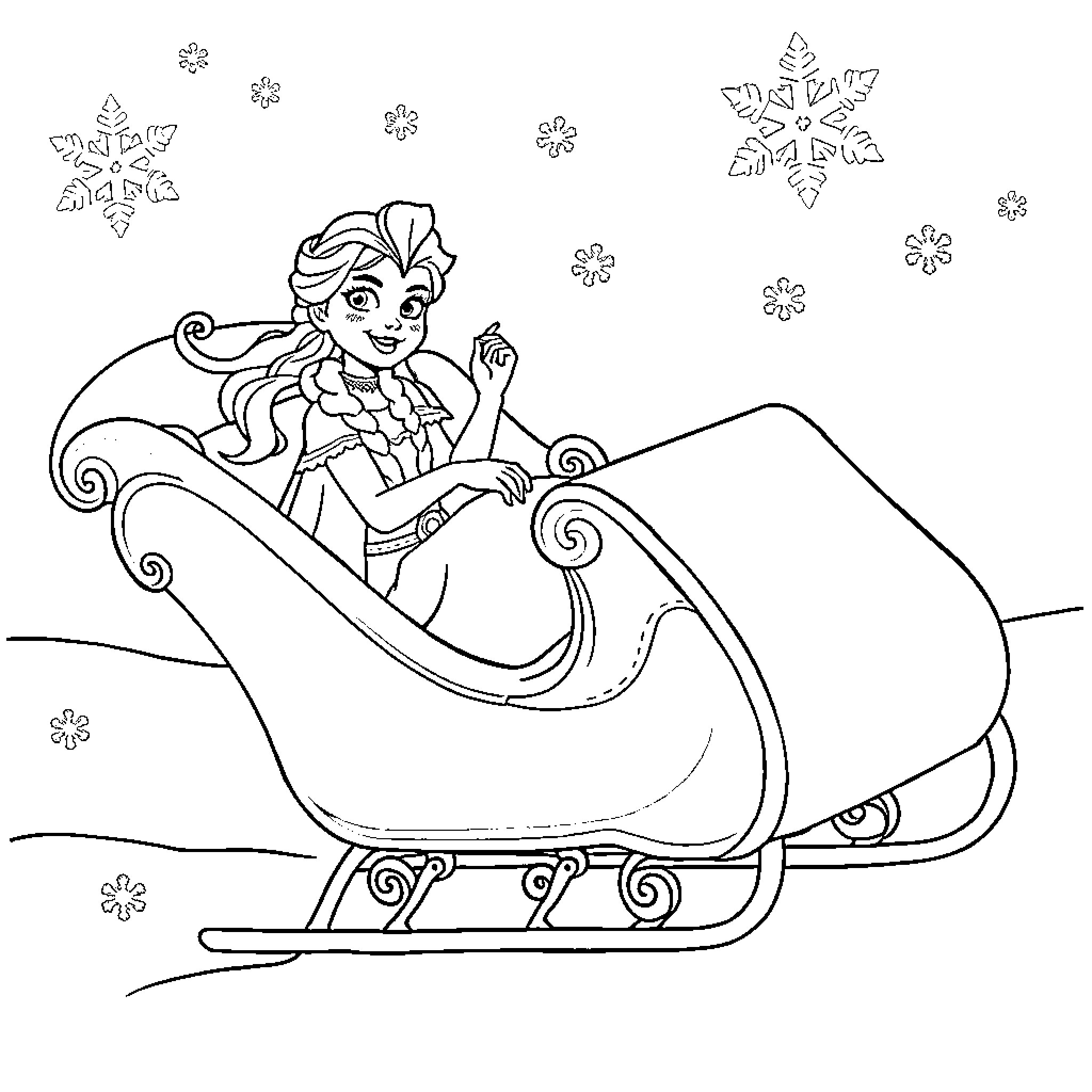 Elsa enjoying a sleigh ride in the winter Coloring Page (free black-and-white line drawing printable PDF for all, from beginners to advanced learners, including children, teens, adults, and seniors)