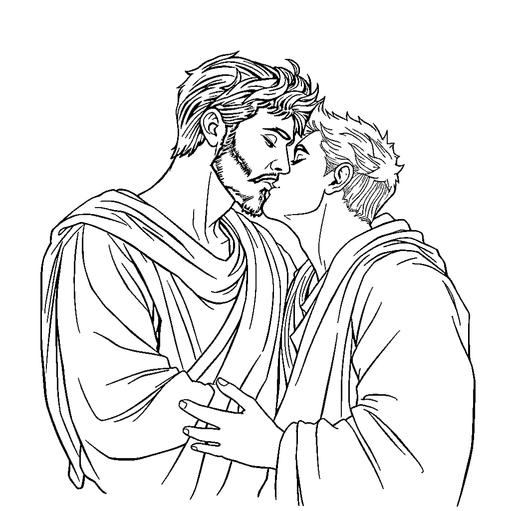 Joseph Joestar embracing a fellow warrior Coloring Page (free black-and-white line drawing printable PDF for all, from beginners to advanced learners, including children, teens, adults, and seniors)