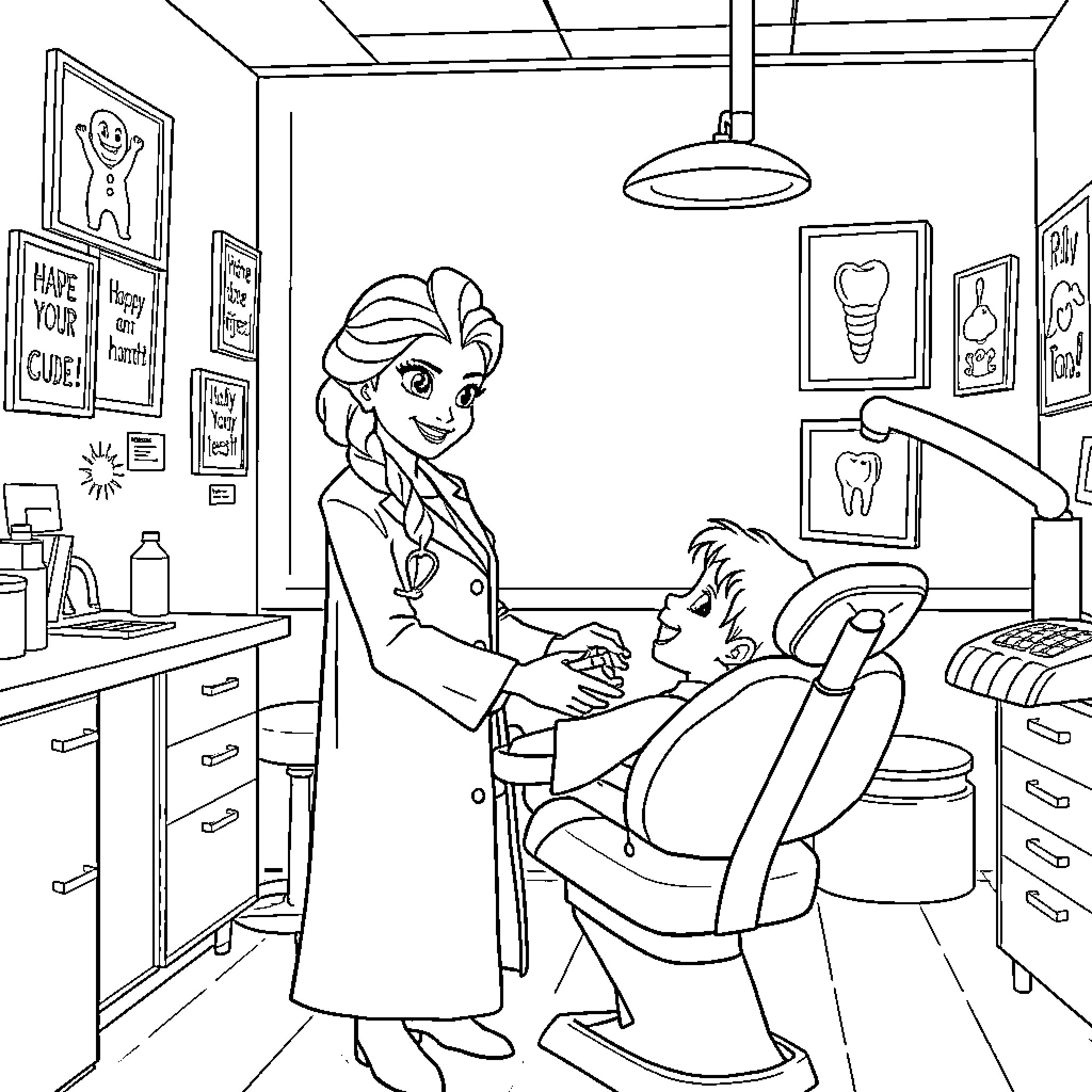Frozen Dentist Examining a Young Patient Coloring Page (free black-and-white line drawing printable PDF for all, from beginners to advanced learners, including children, teens, adults, and seniors)