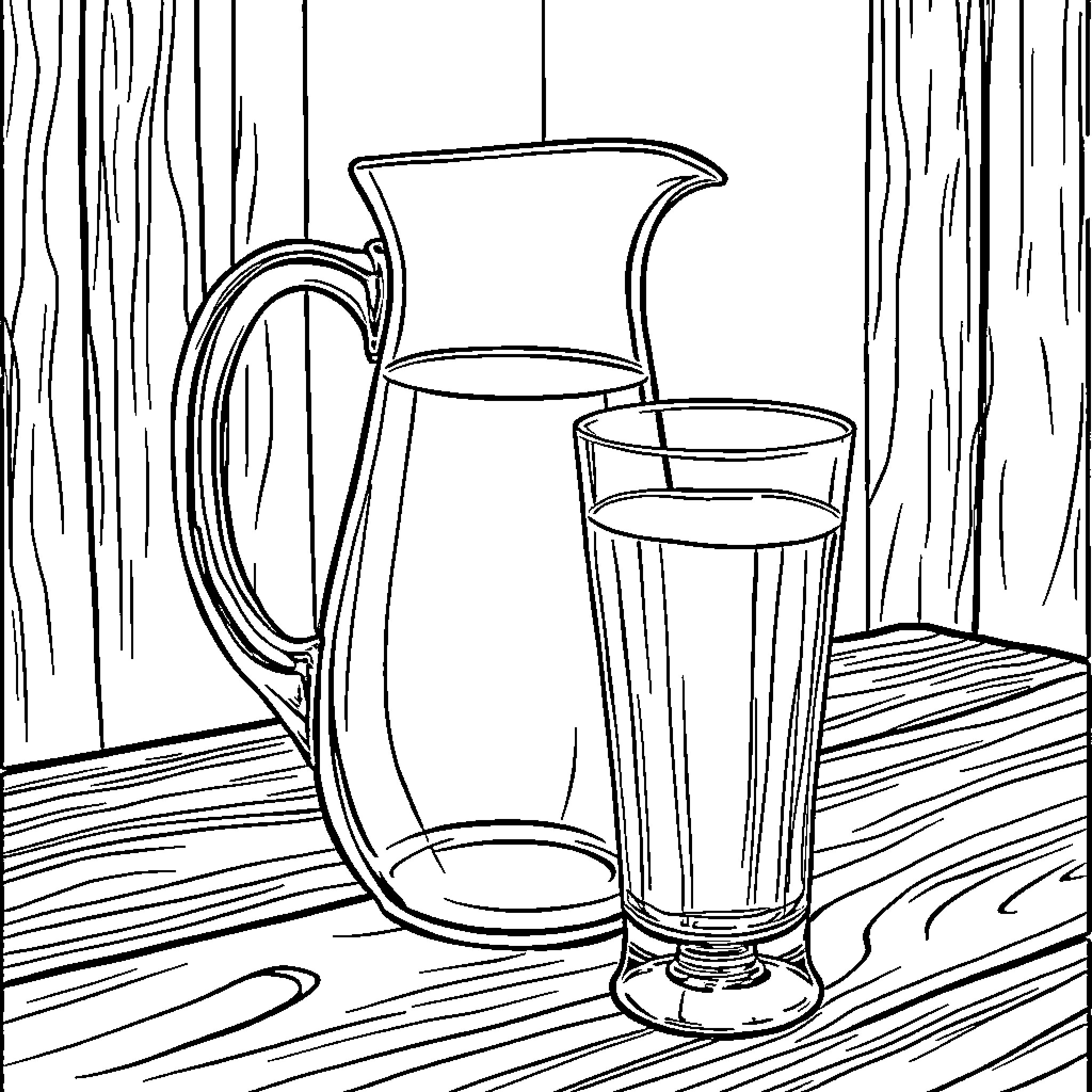Pitcher and Glass on Wooden Table Coloring Page (free black-and-white line drawing printable PDF for all, from beginners to advanced learners, including children, teens, adults, and seniors)