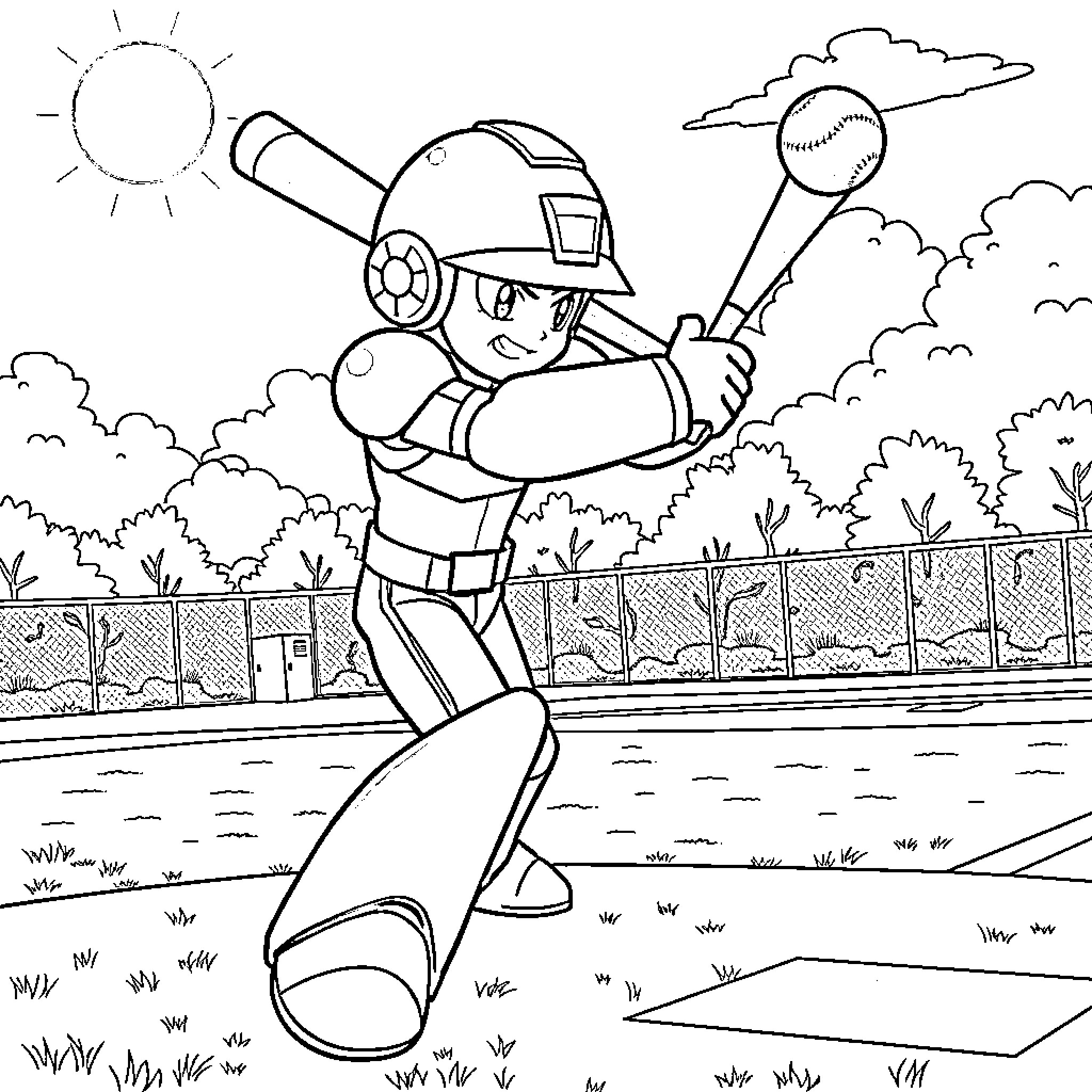 Megaman Baseball Player at the Ballpark Coloring Page (free black-and-white line drawing printable PDF for all, from beginners to advanced learners, including children, teens, adults, and seniors)