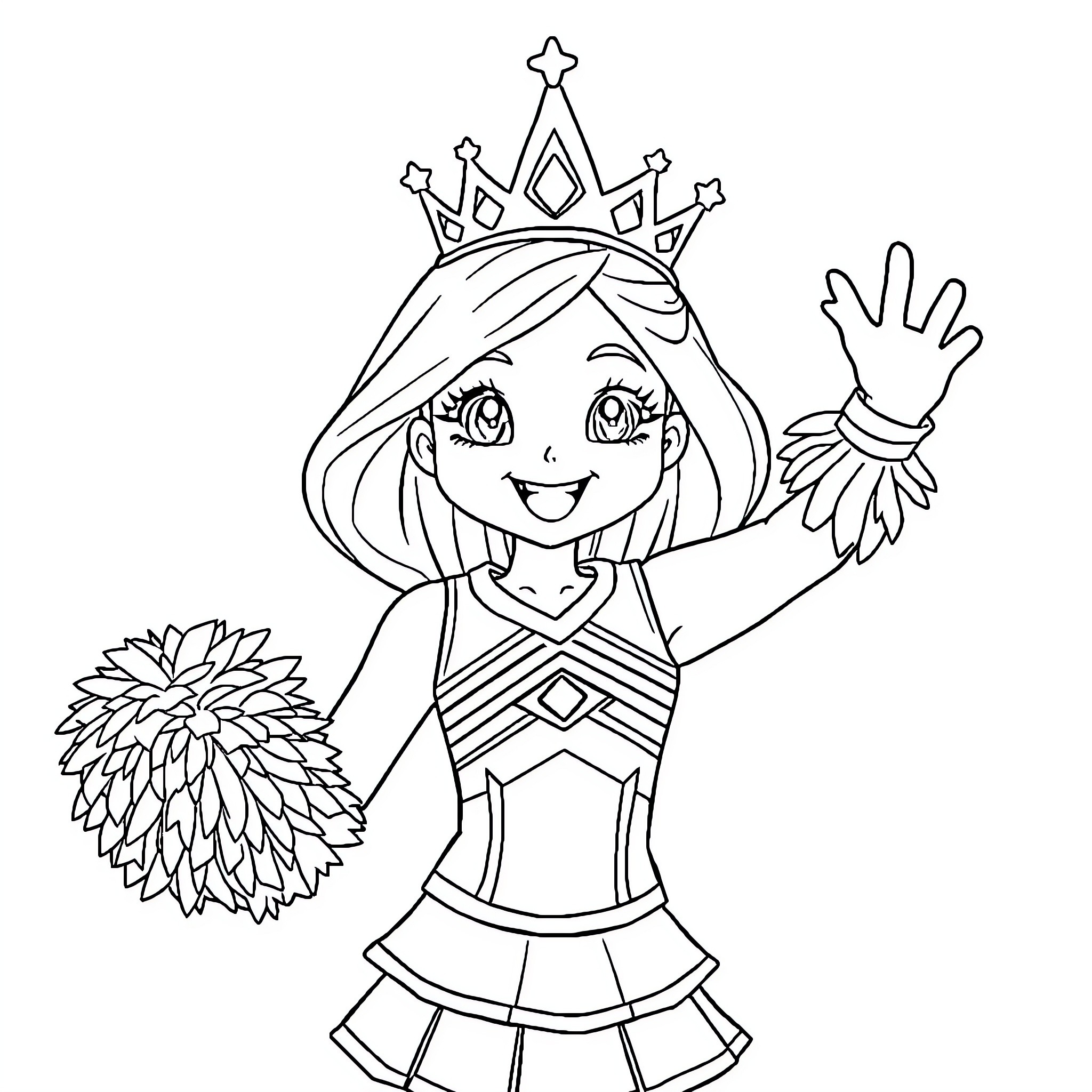 Princess waving with a cheerful expression Coloring Page (free black-and-white line drawing printable PDF for all, from beginners to advanced learners, including children, teens, adults, and seniors)