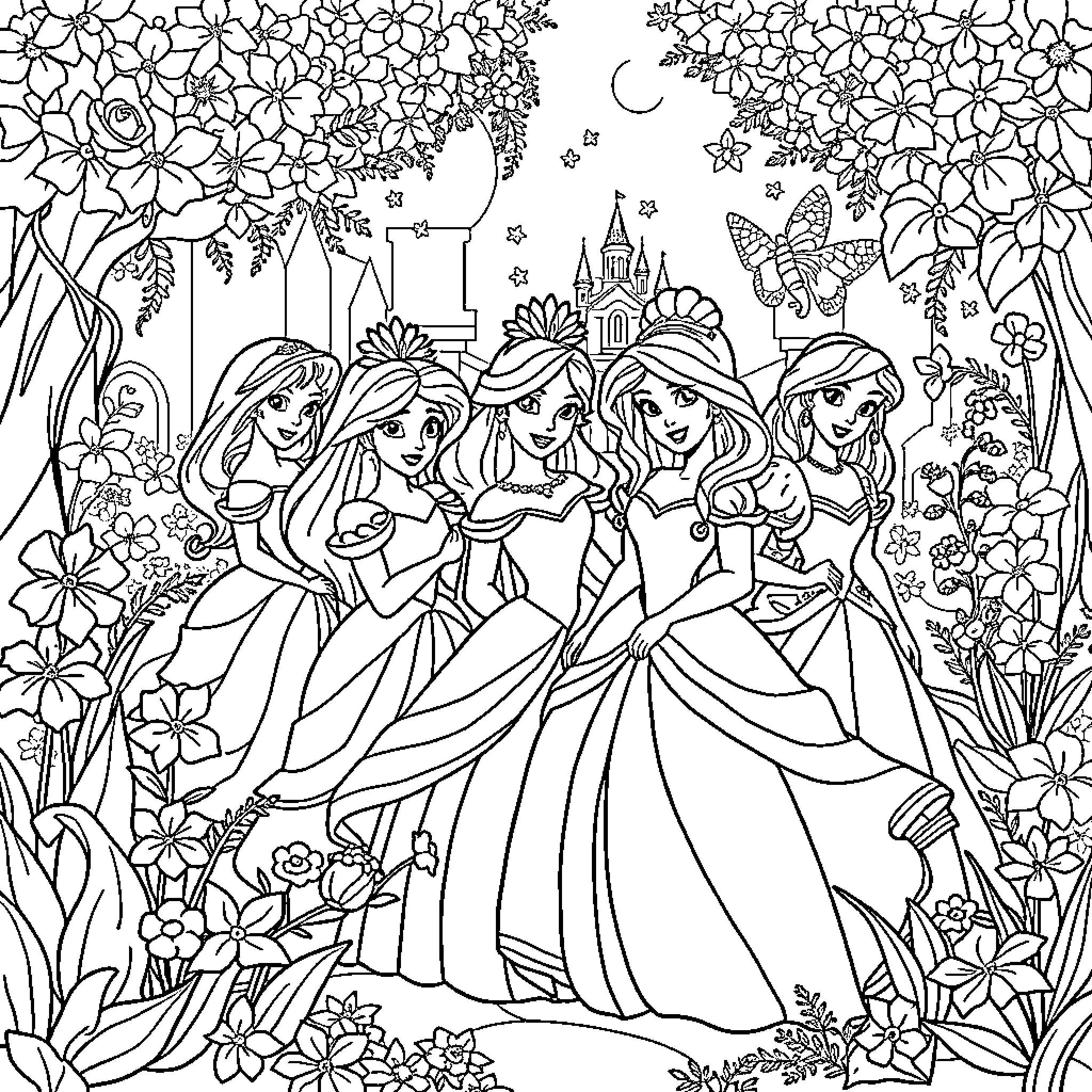 Disney Princess Gathering in Enchanted Garden Coloring Page (free black-and-white line drawing printable PDF for all, from beginners to advanced learners, including children, teens, adults, and seniors)