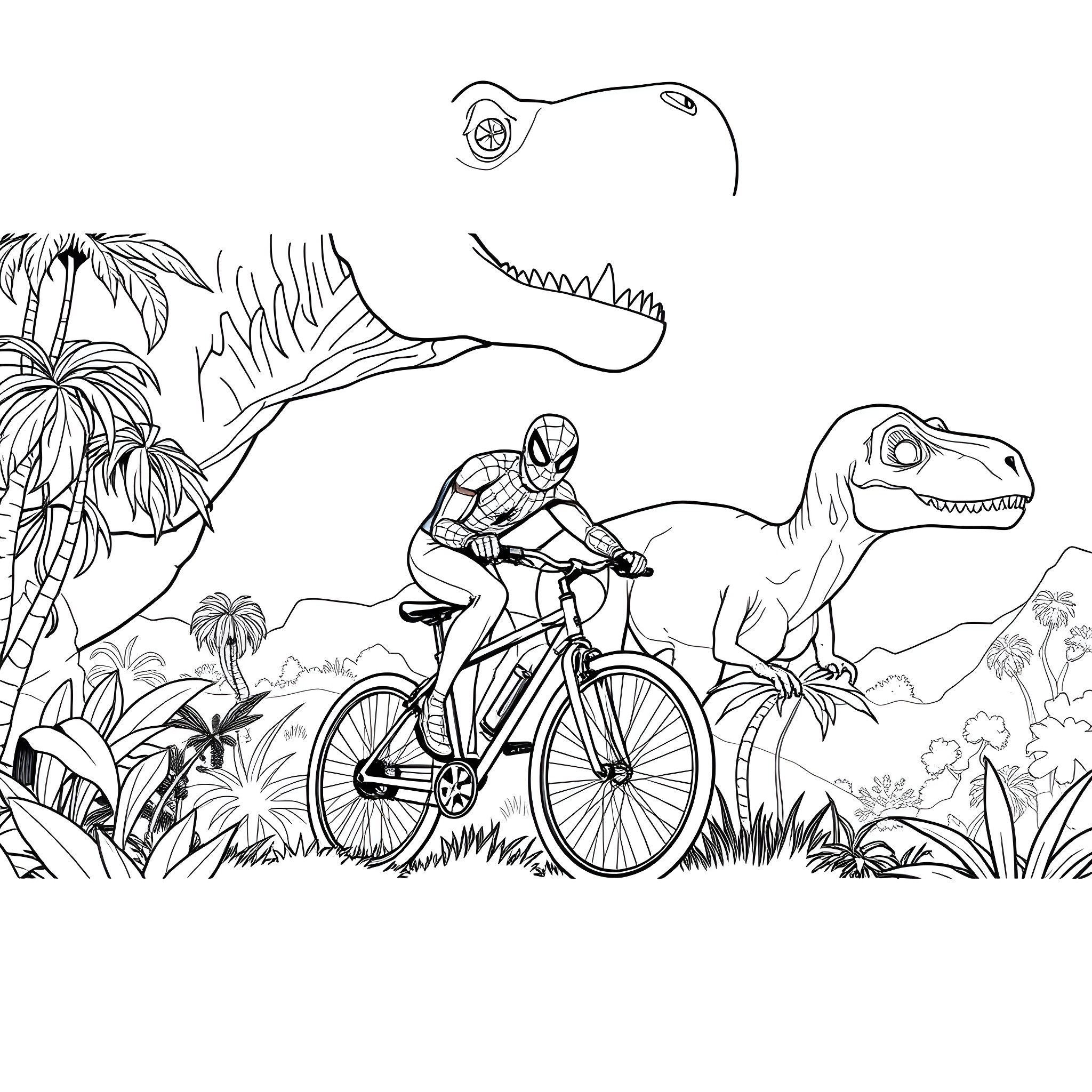 Spider-Man cycling through a prehistoric jungle Coloring Page (free black-and-white line drawing printable PDF for all, from beginners to advanced learners, including children, teens, adults, and seniors)