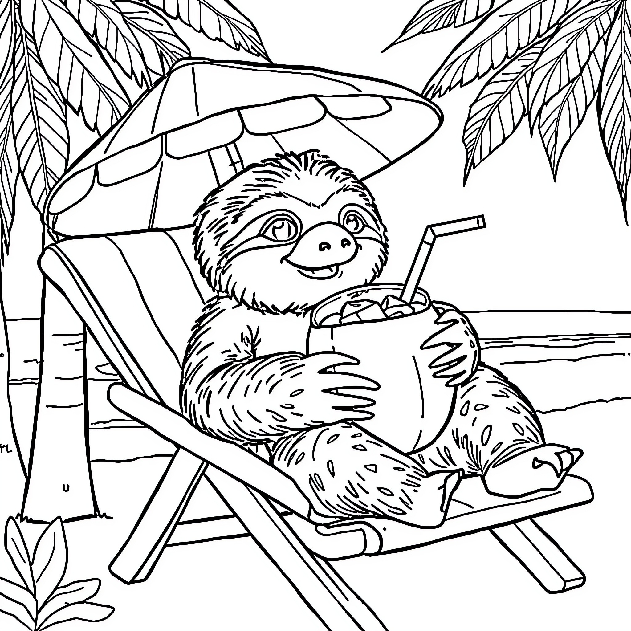Sloth relaxing on a beach chair with a drink Coloring Page (free black-and-white line drawing printable PDF for all, from beginners to advanced learners, including children, teens, adults, and seniors)