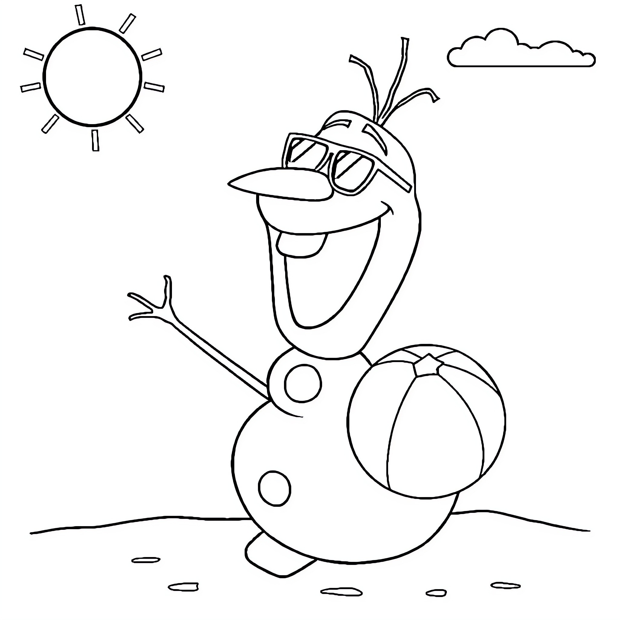 Olaf playing happily with beach ball under the sun Coloring Page (free black-and-white line drawing printable PDF for all, from beginners to advanced learners, including children, teens, adults, and seniors)