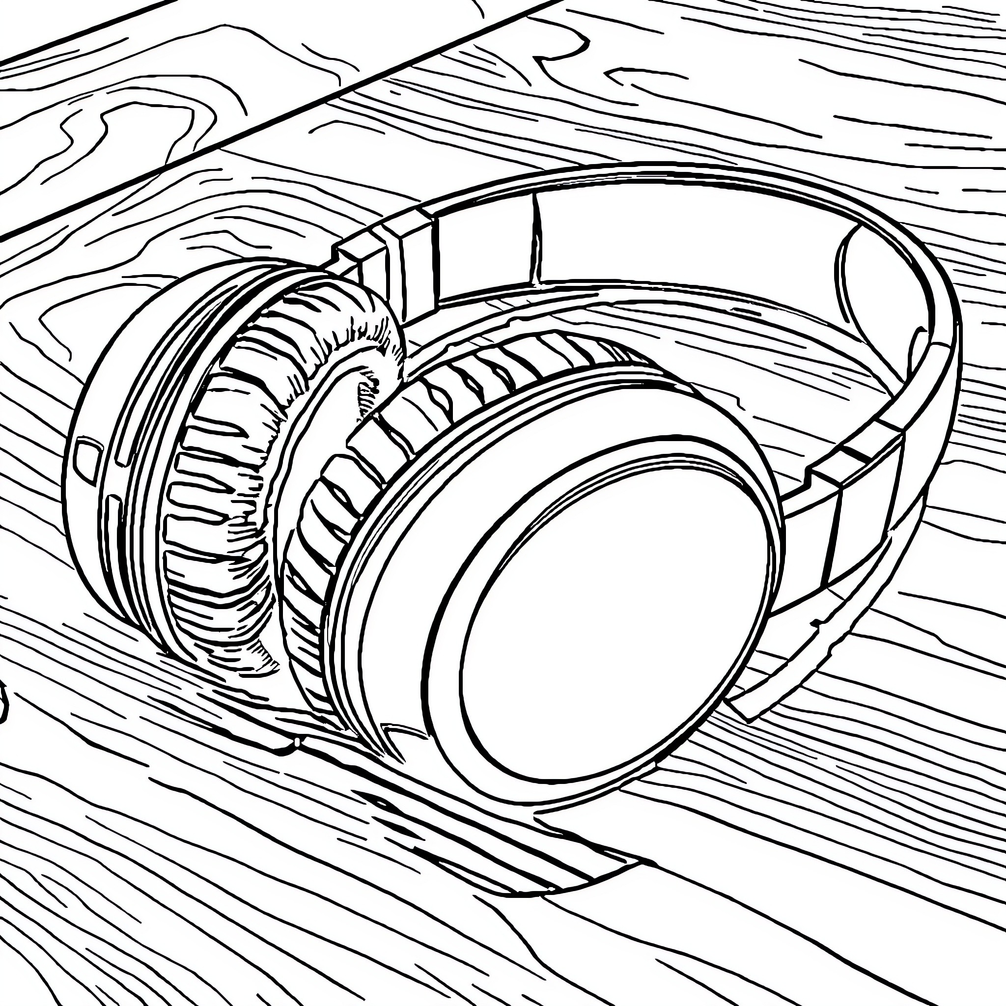 Headphones on a wooden background Coloring Page (free black-and-white line drawing printable PDF for all, from beginners to advanced learners, including children, teens, adults, and seniors)