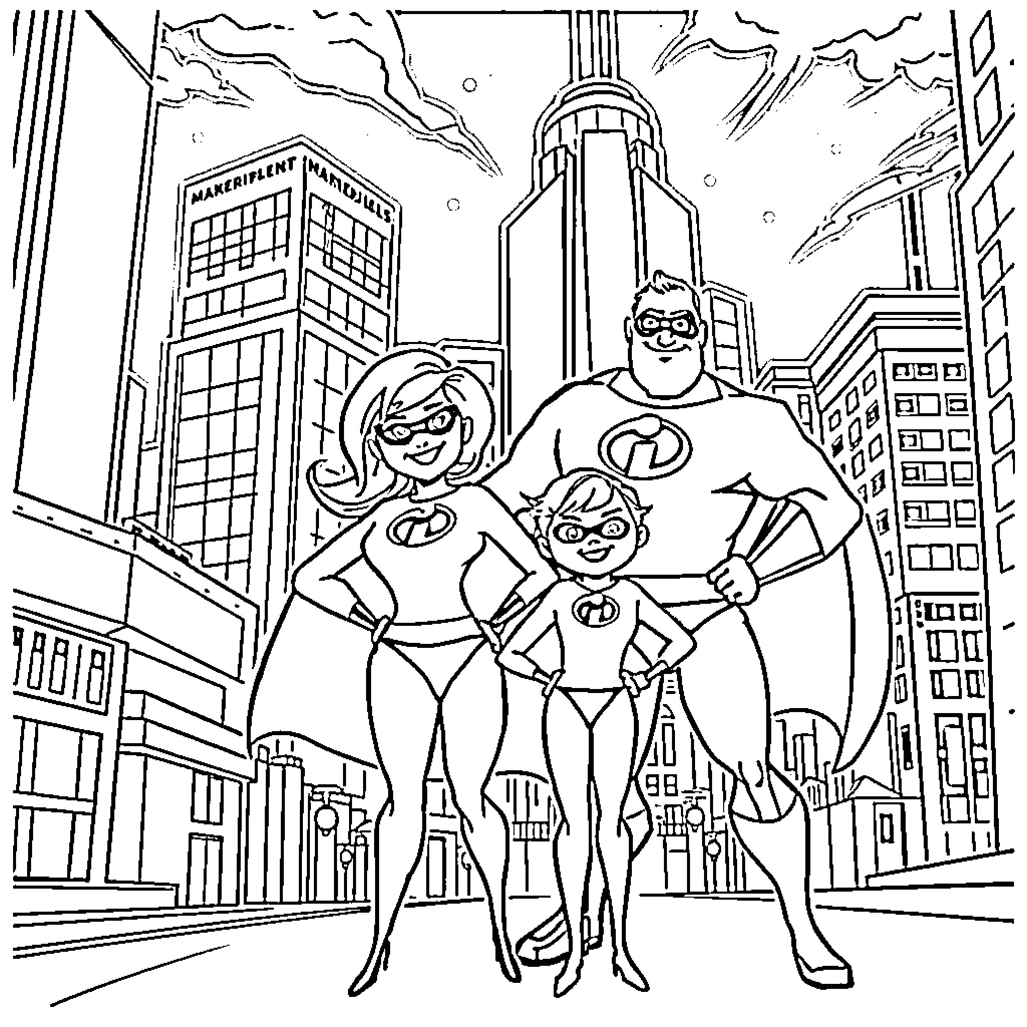 Incredible Superhero Family in Futuristic City Coloring Page (free black-and-white line drawing printable PDF for all, from beginners to advanced learners, including children, teens, adults, and seniors)