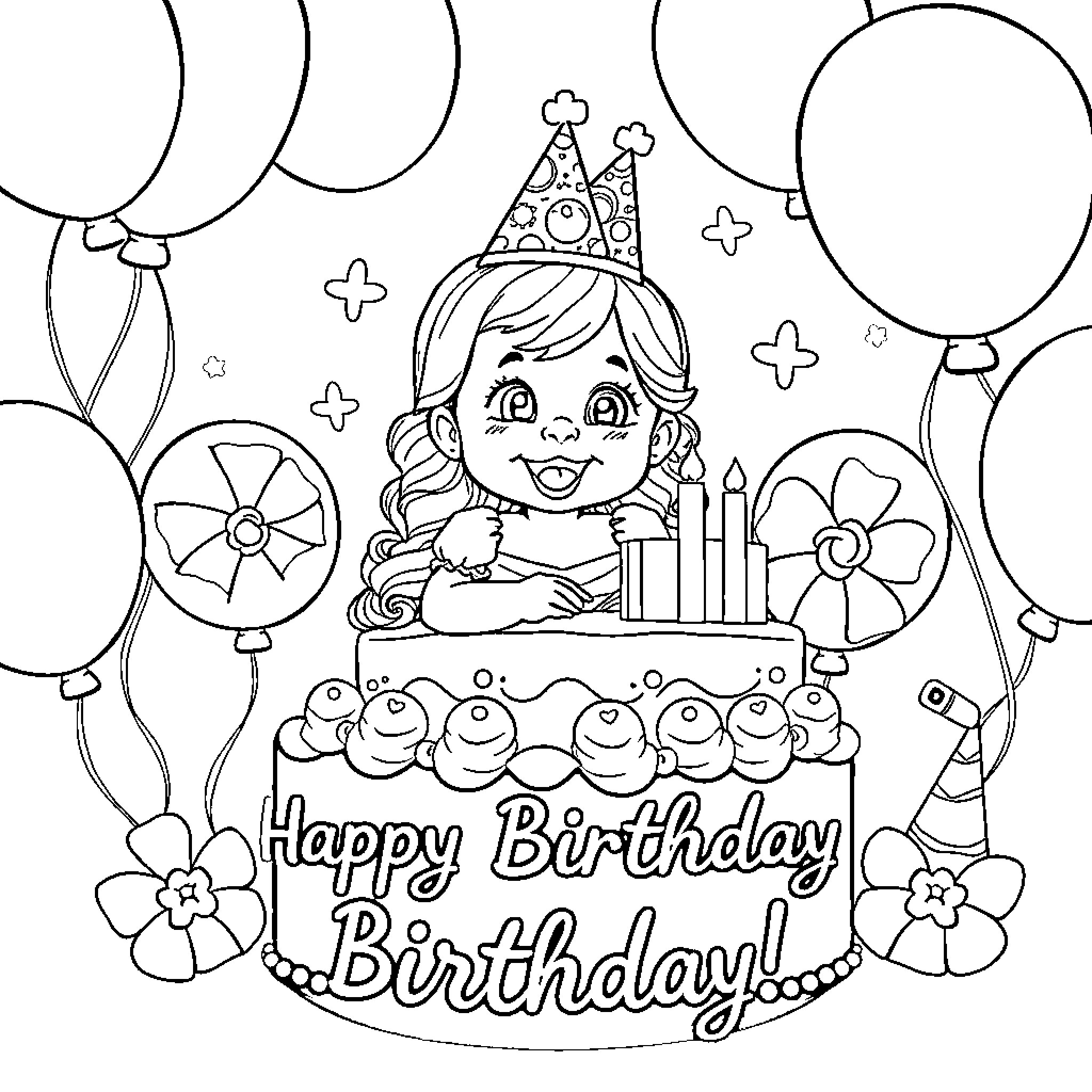 Princess Leia Celebrates a Joyful Birthday Coloring Page (free black-and-white line drawing printable PDF for all, from beginners to advanced learners, including children, teens, adults, and seniors)