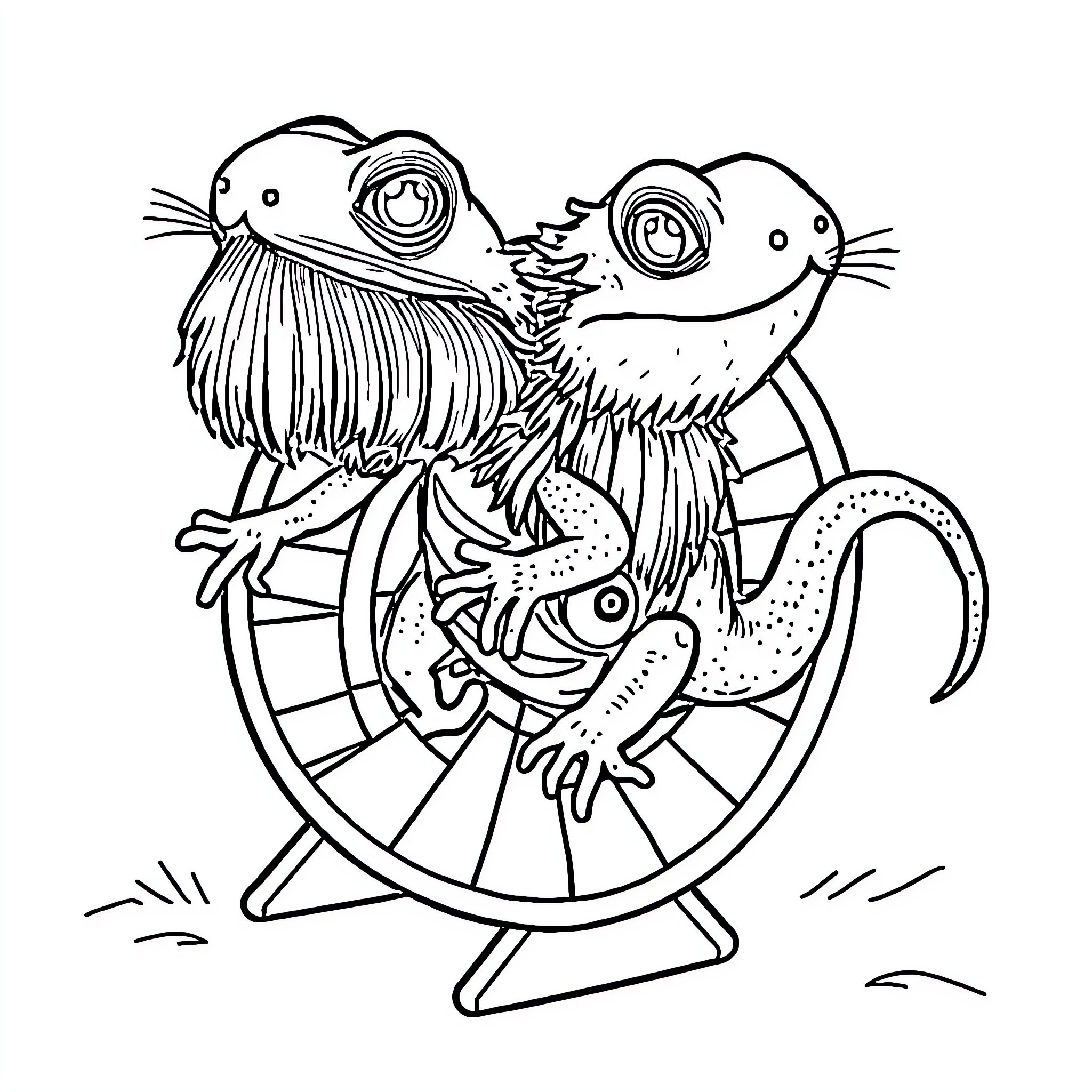 Bearded Dragon Riding on Hamster Wheel Coloring Page (free black-and-white line drawing printable PDF for all, from beginners to advanced learners, including children, teens, adults, and seniors)