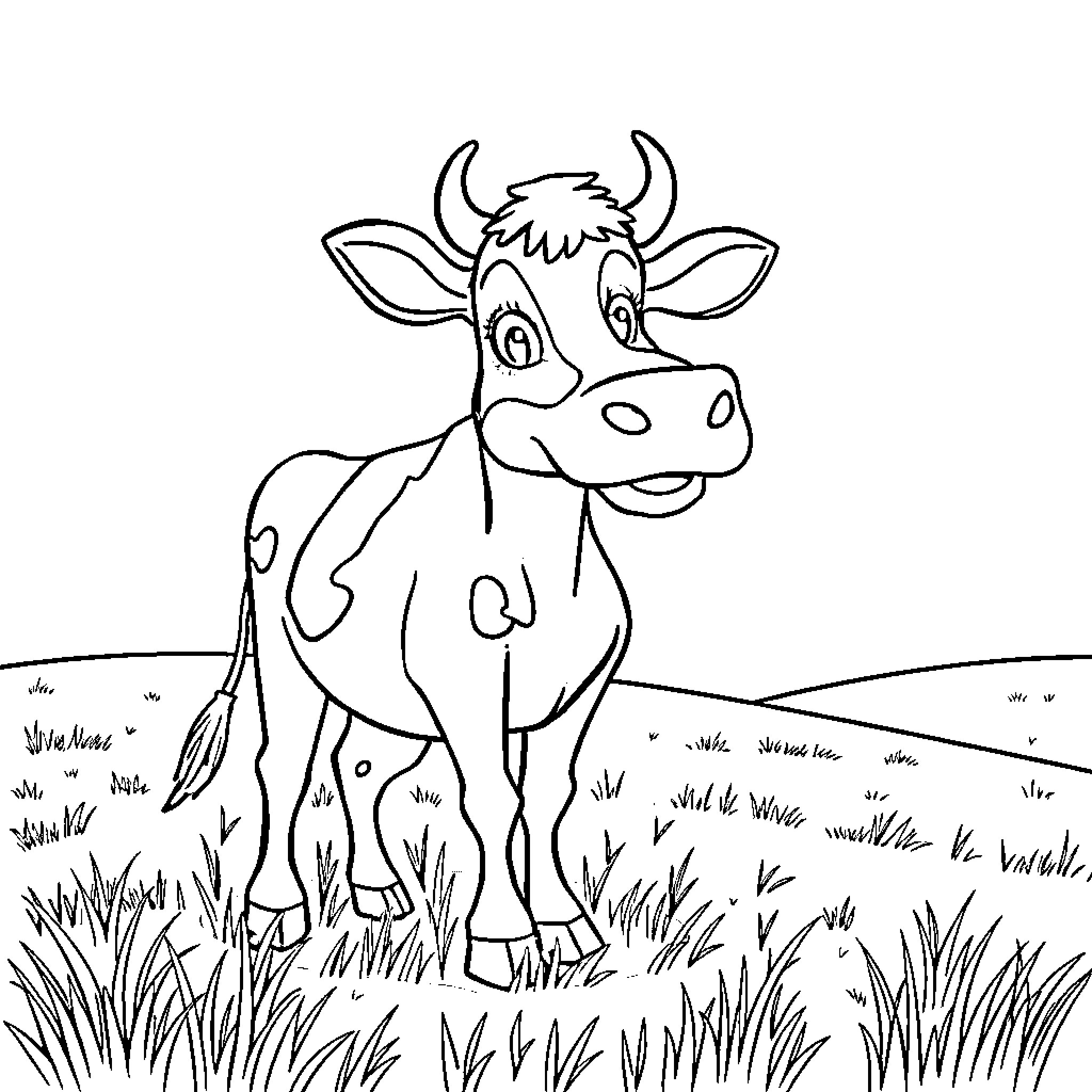 Cow standing in a grassy field Coloring Page (free black-and-white line drawing printable PDF for all, from beginners to advanced learners, including children, teens, adults, and seniors)