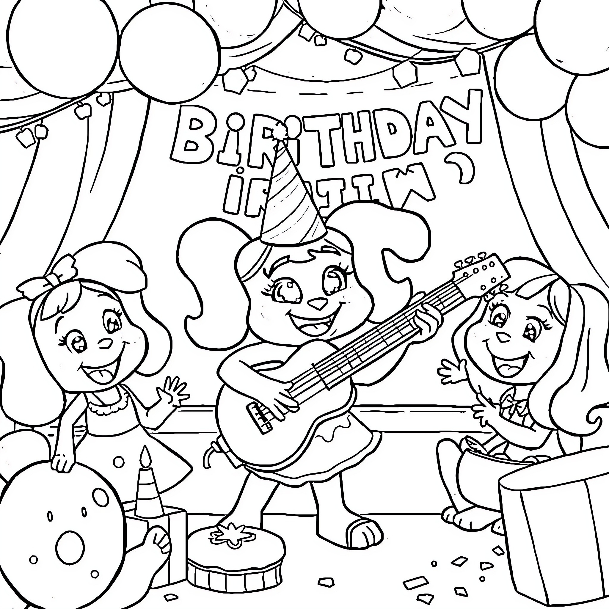 Blue Musical Birthday Party with Festive Decorations Coloring Page (free black-and-white line drawing printable PDF for all, from beginners to advanced learners, including children, teens, adults, and seniors)