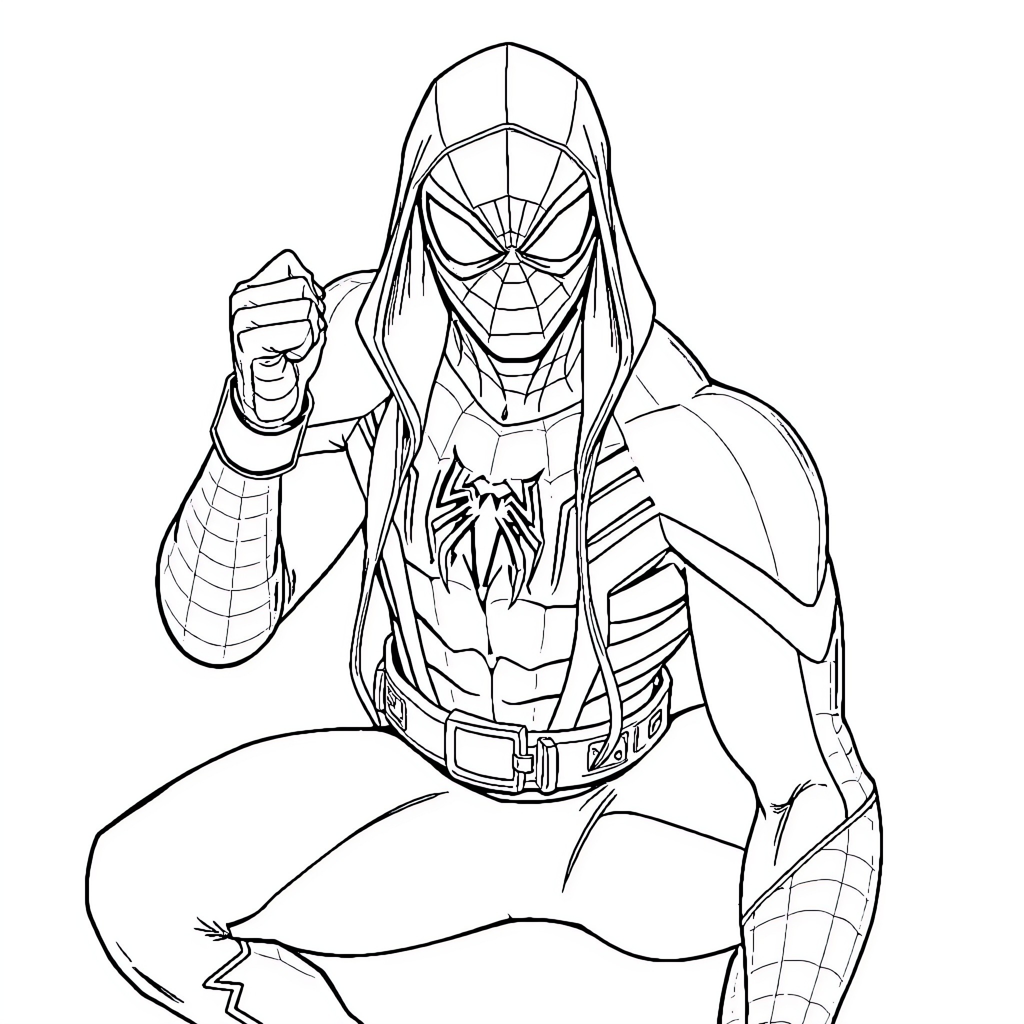Spiderman heroically posing in action Coloring Page (free black-and-white line drawing printable PDF for all, from beginners to advanced learners, including children, teens, adults, and seniors)
