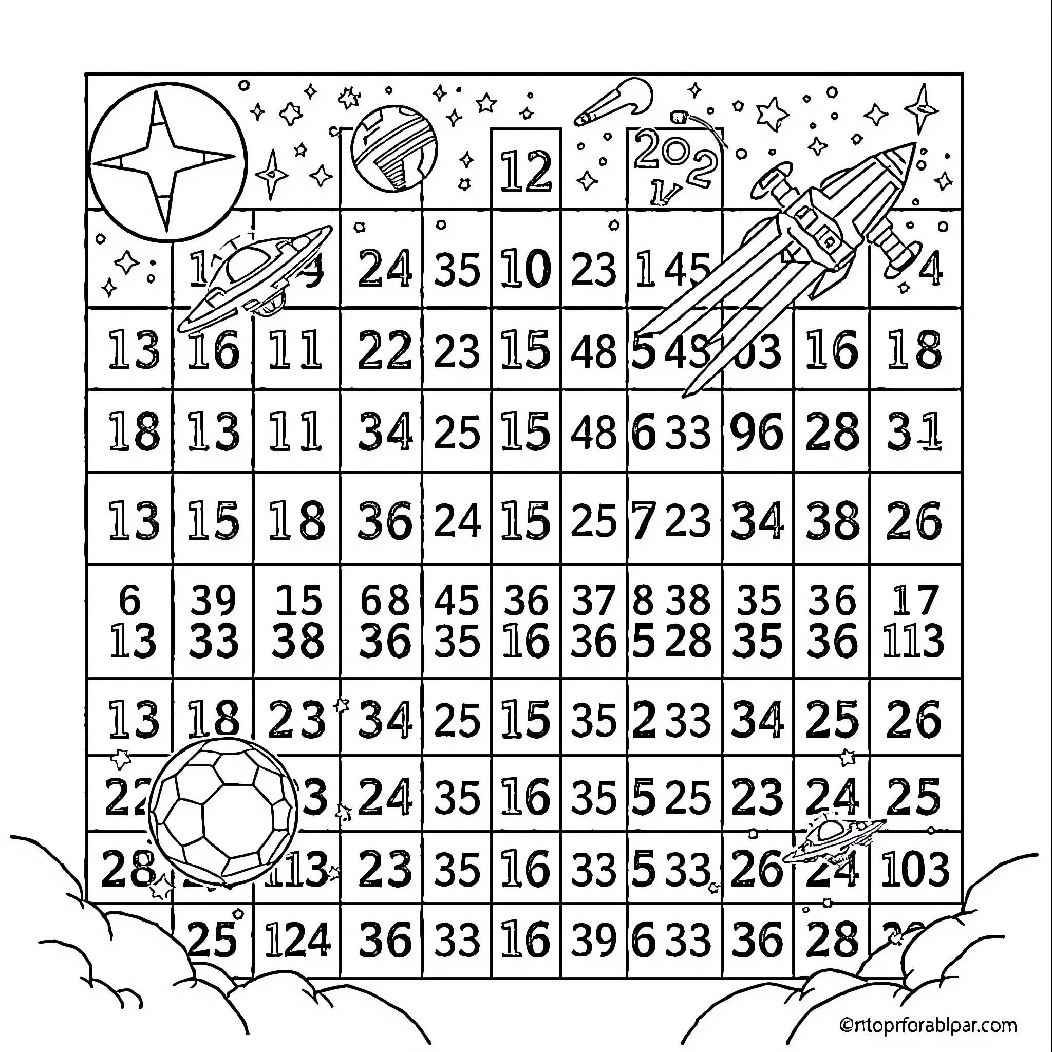 Multiplication Chart with Celestial and Sporting Symbols Coloring Page (free black-and-white line drawing printable PDF for all, from beginners to advanced learners, including children, teens, adults, and seniors)