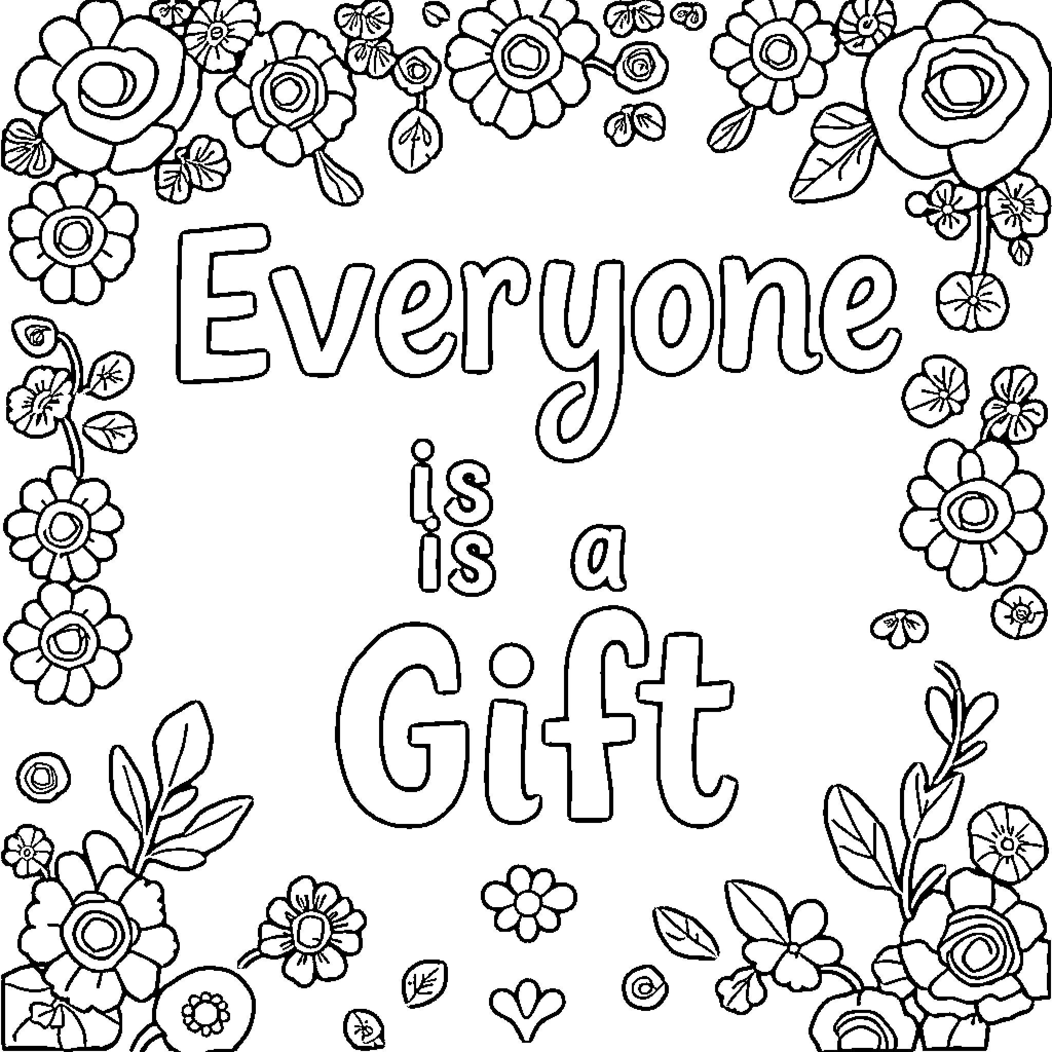 Gift of Kindness and Positivity Coloring Page (free black-and-white line drawing printable PDF for all, from beginners to advanced learners, including children, teens, adults, and seniors)