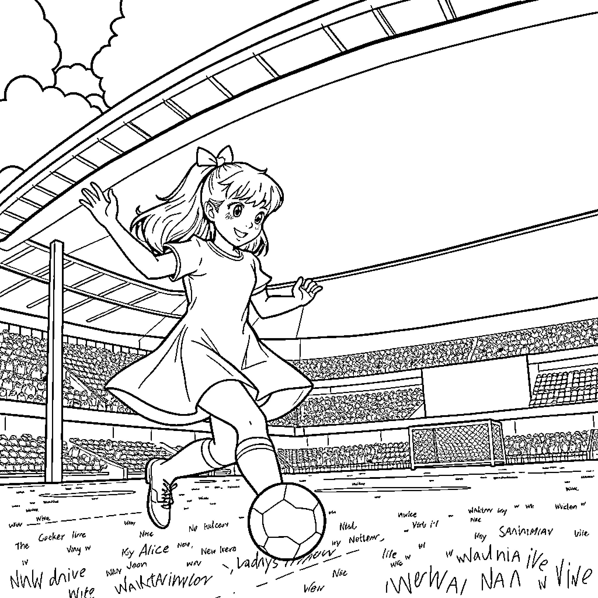 Alice Kicking a Soccer Ball in the Stadium Coloring Page (free black-and-white line drawing printable PDF for all, from beginners to advanced learners, including children, teens, adults, and seniors)
