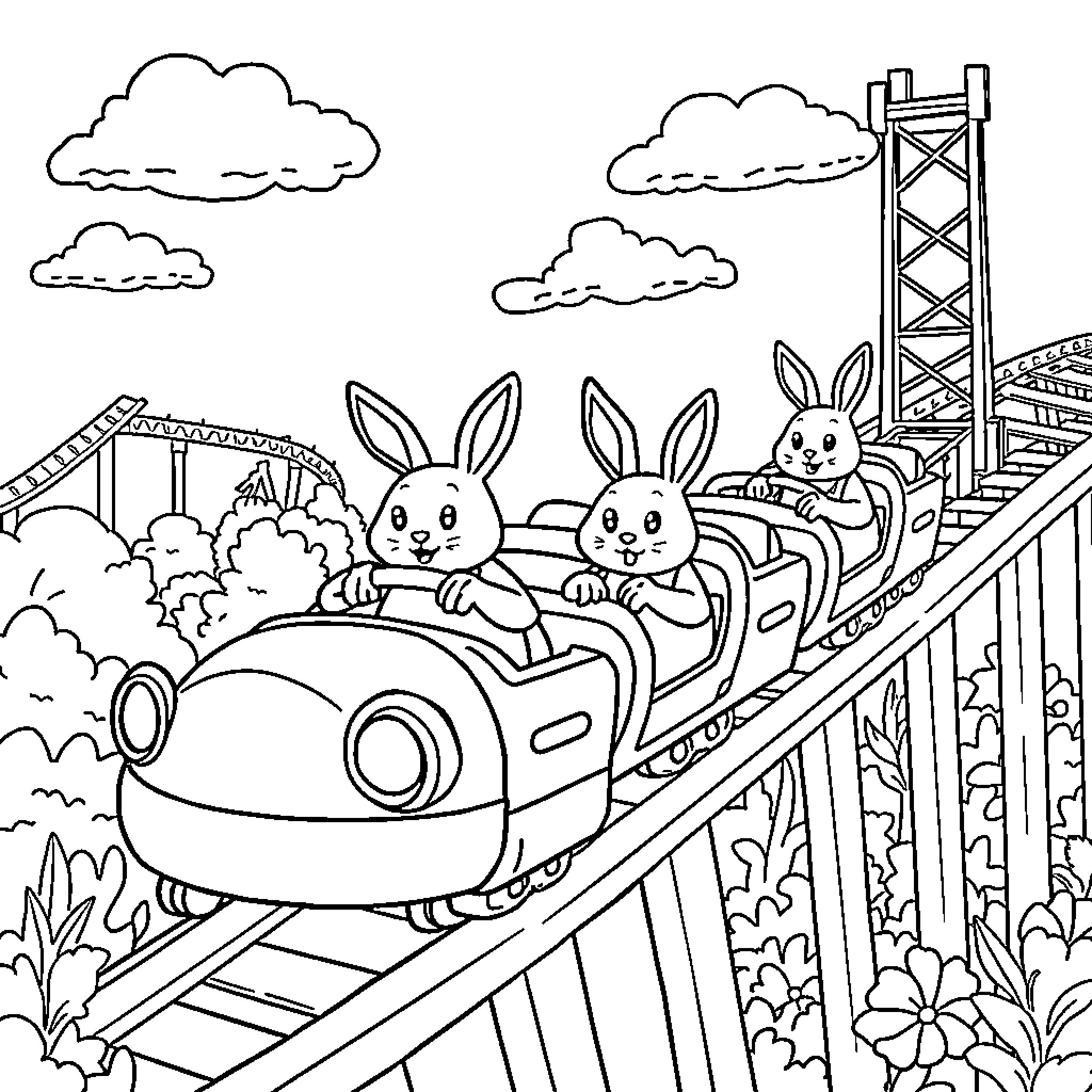 Rollercoaster ride with happy bunnies Coloring Page (free black-and-white line drawing printable PDF for all, from beginners to advanced learners, including children, teens, adults, and seniors)