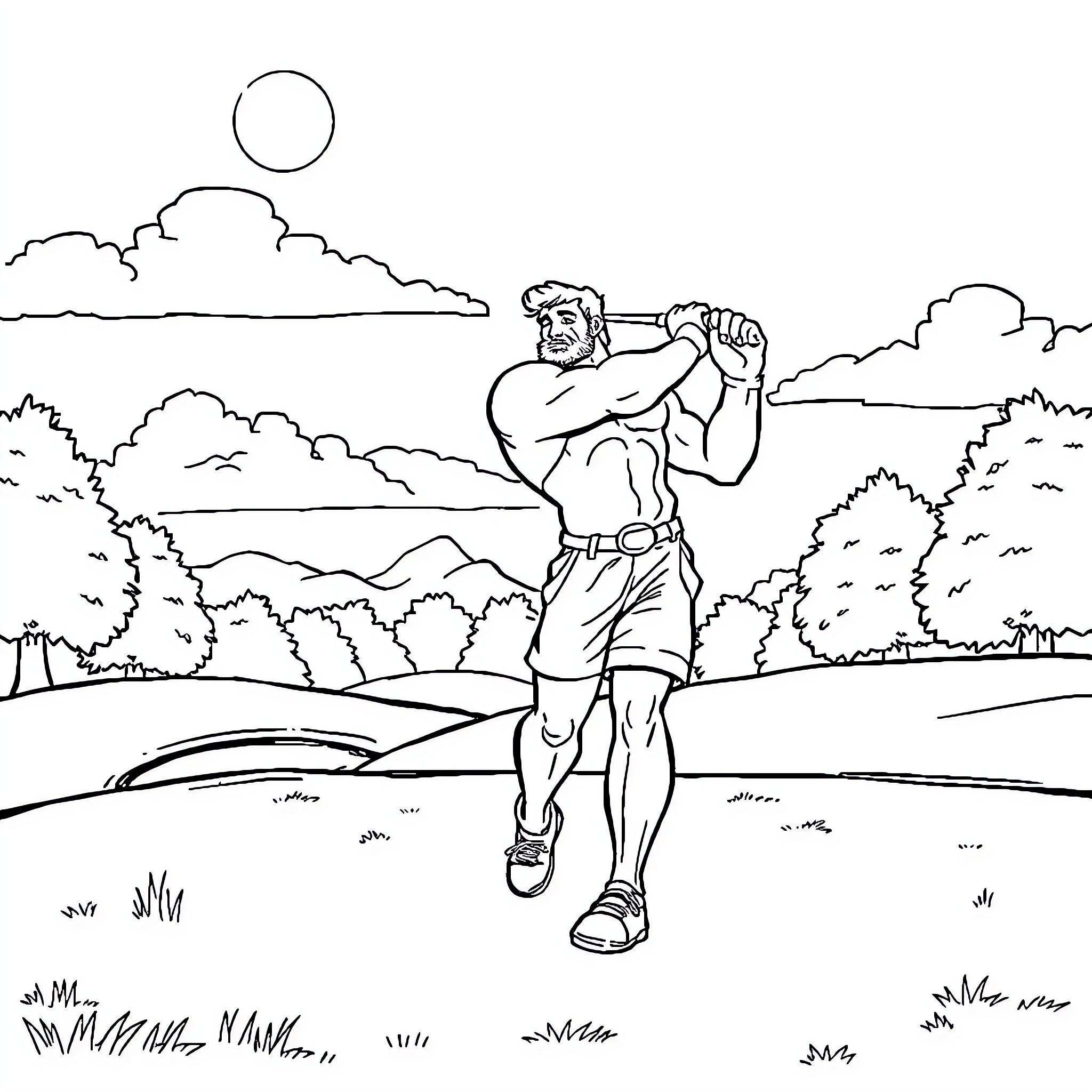 Hercules Flexing Muscles in Serene Landscape Coloring Page (free black-and-white line drawing printable PDF for all, from beginners to advanced learners, including children, teens, adults, and seniors)