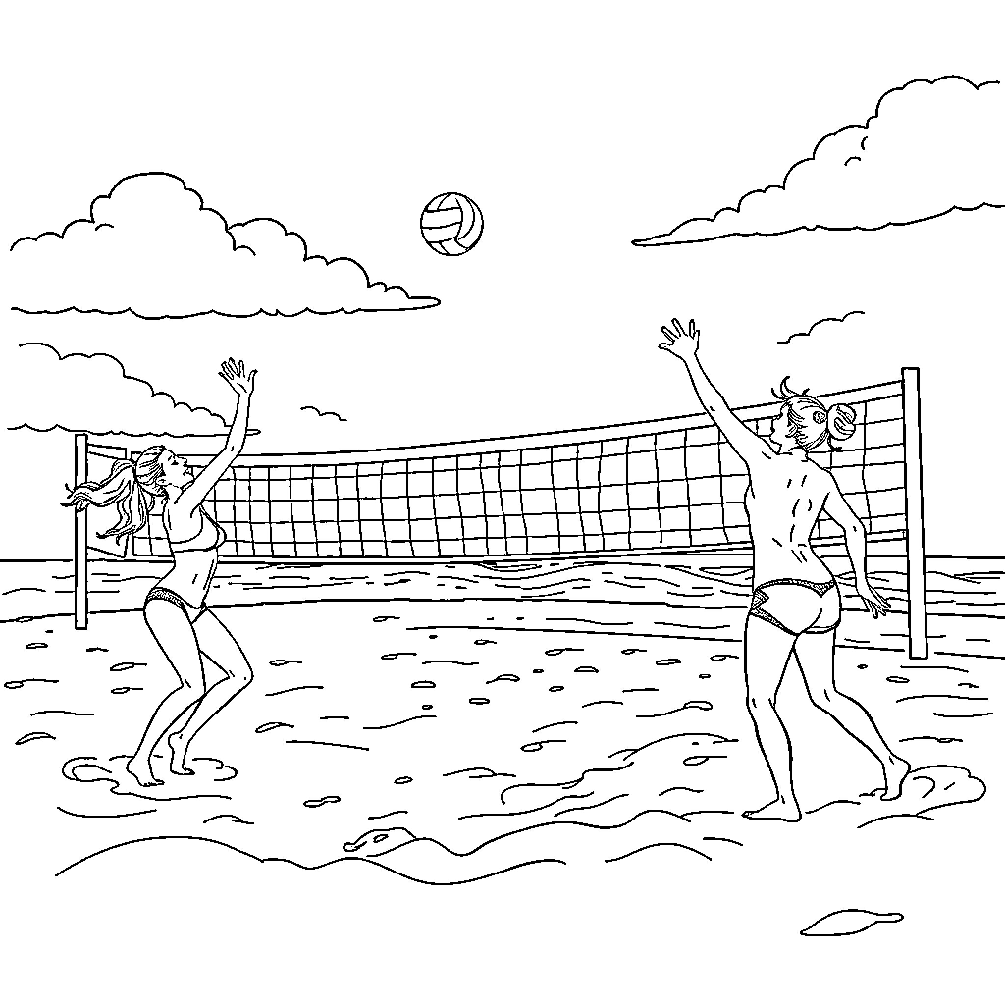 Beach Volleyball Game with Players in Action Coloring Page (free black-and-white line drawing printable PDF for all, from beginners to advanced learners, including children, teens, adults, and seniors)