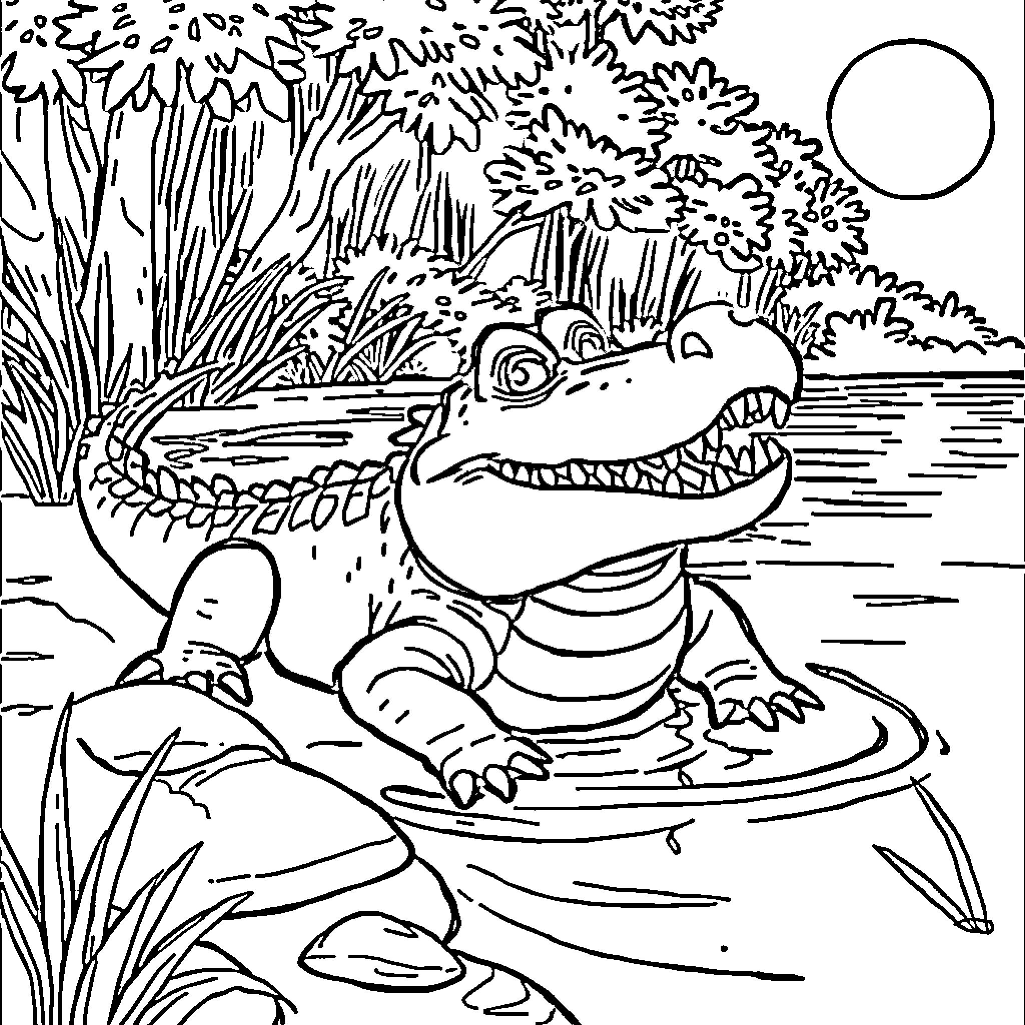 Crocodile lounging in a swampy pond Coloring Page (free black-and-white line drawing printable PDF for all, from beginners to advanced learners, including children, teens, adults, and seniors)