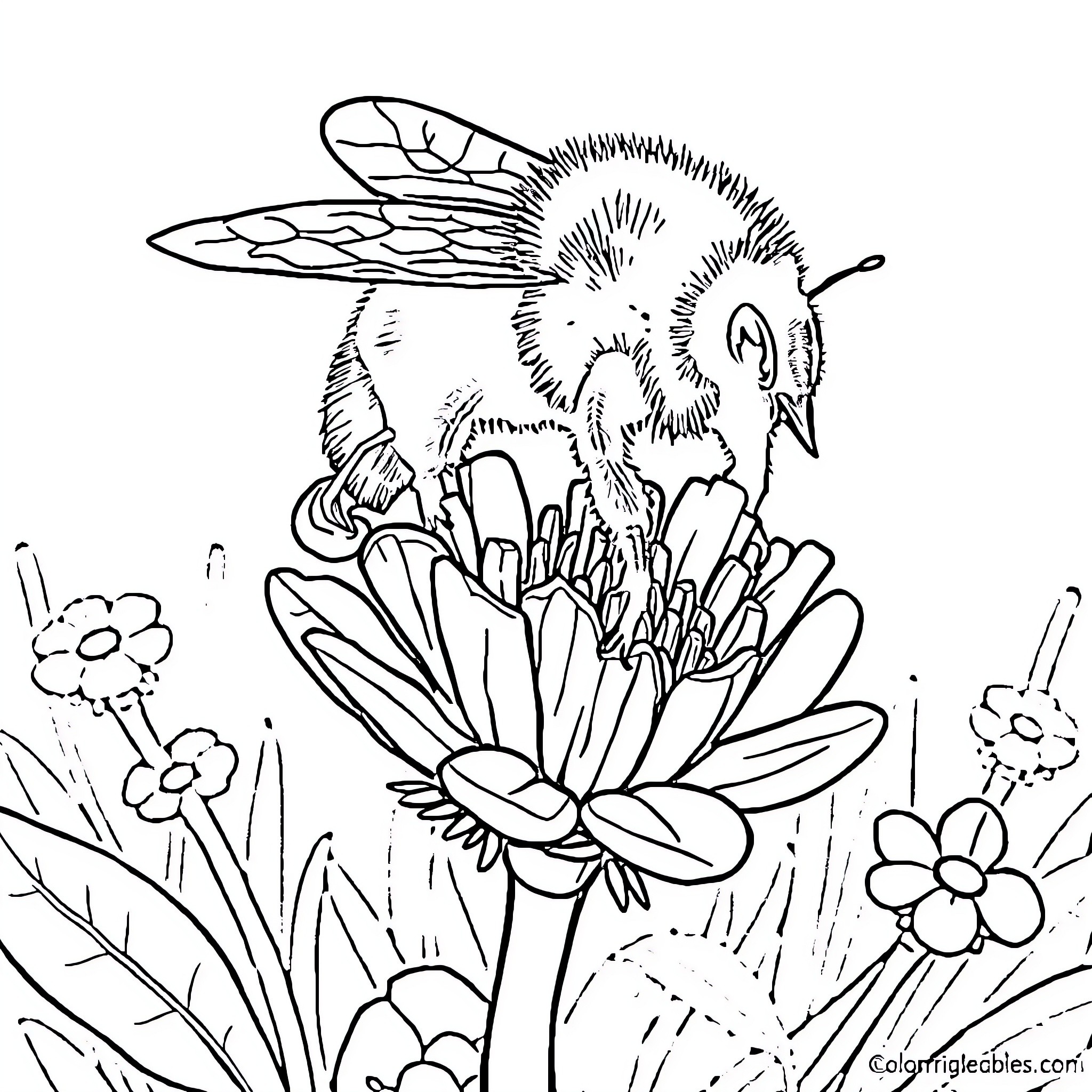 Bumblebee exploring a vibrant floral scene Coloring Page (free black-and-white line drawing printable PDF for all, from beginners to advanced learners, including children, teens, adults, and seniors)