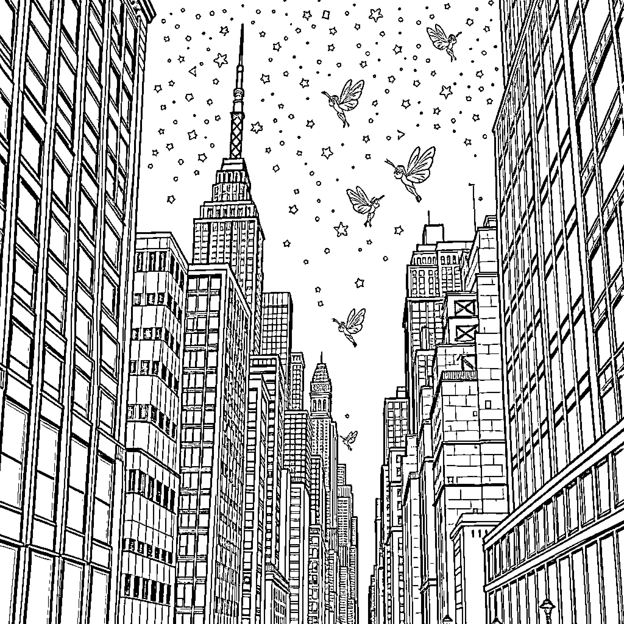 Fairy Skyscrapers and Butterflies in the City Coloring Page (free black-and-white line drawing printable PDF for all, from beginners to advanced learners, including children, teens, adults, and seniors)