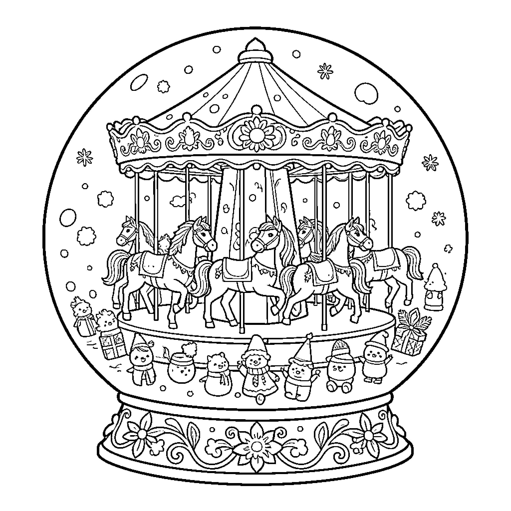 Snow Globe with Festive Carousel and Winter Characters Coloring Page (free black-and-white line drawing printable PDF for all, from beginners to advanced learners, including children, teens, adults, and seniors)